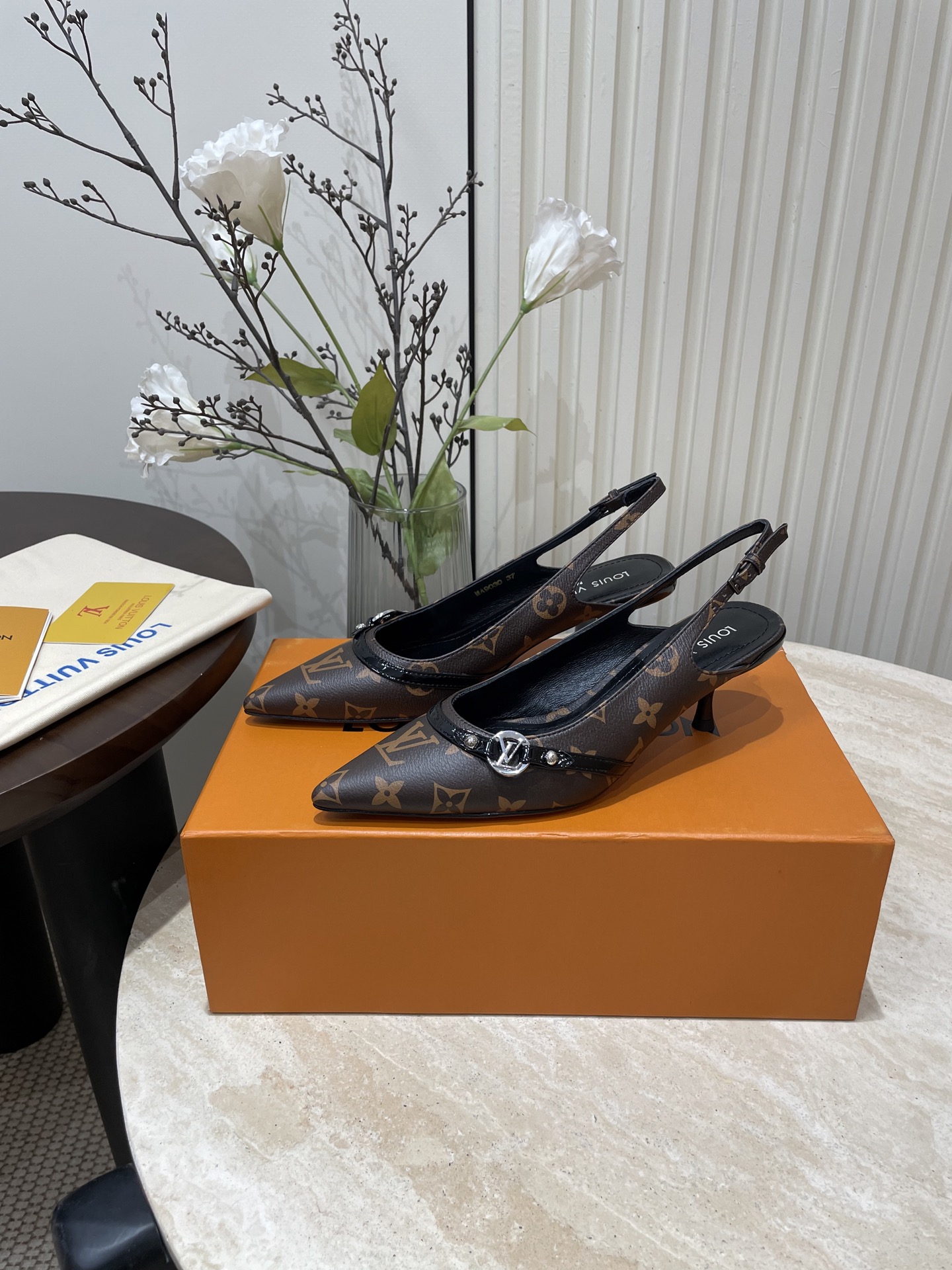 L V Pointed-Toe Slingback Heeled Sandals