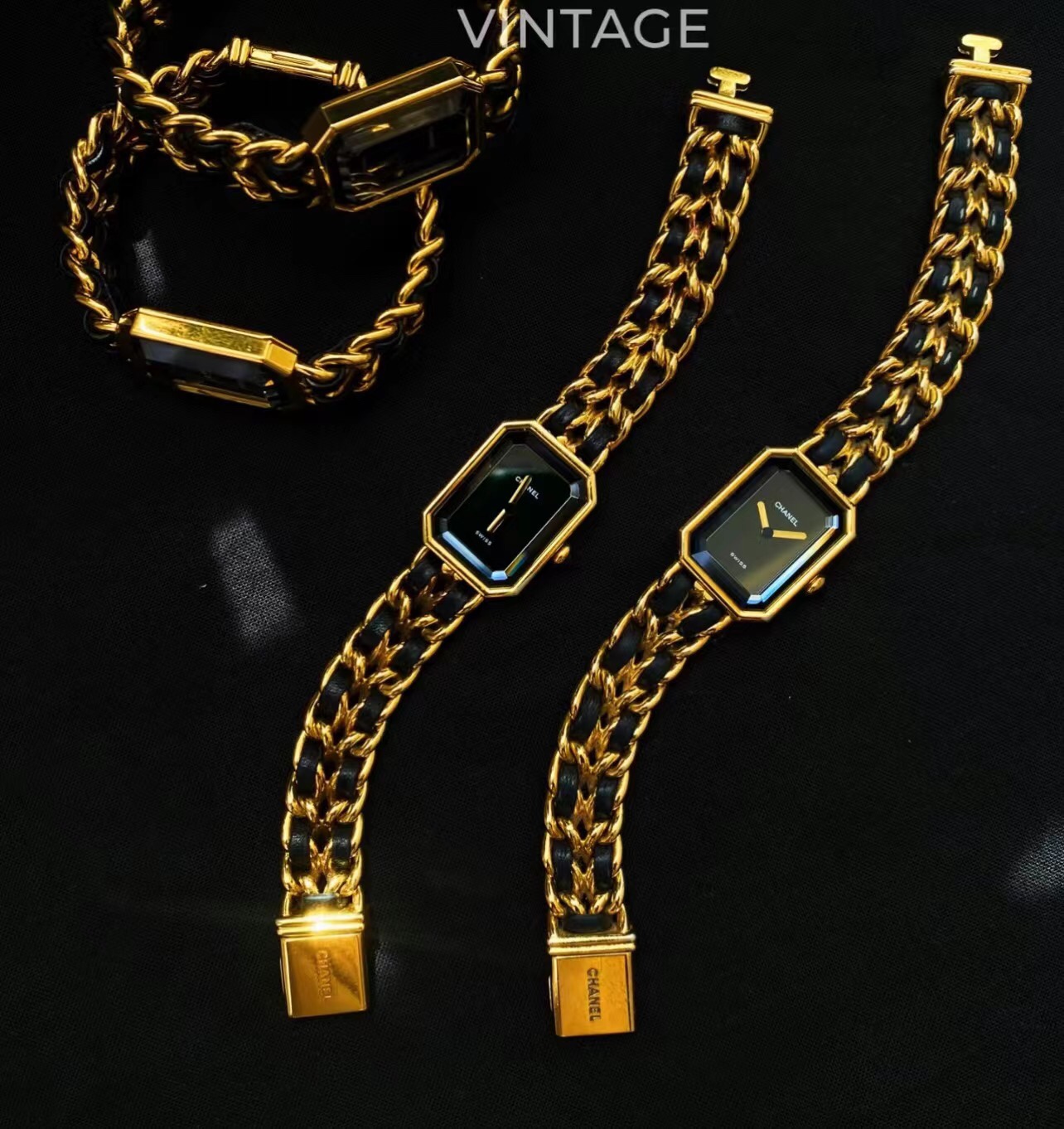 Chanel medieval sugar cube black gold black silver cowhide chain watch