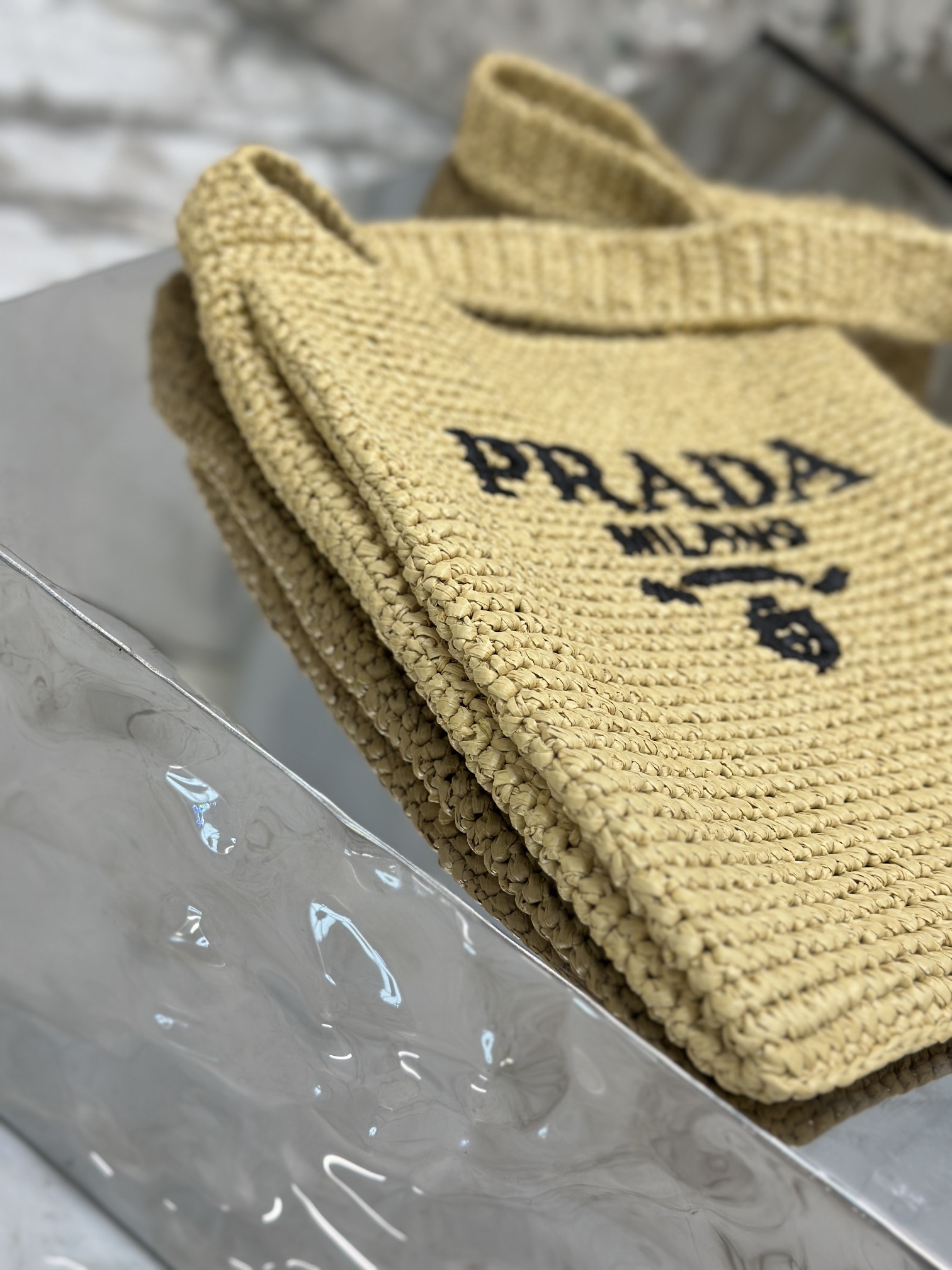 Prada Raffia Leather-Trimmed Tote