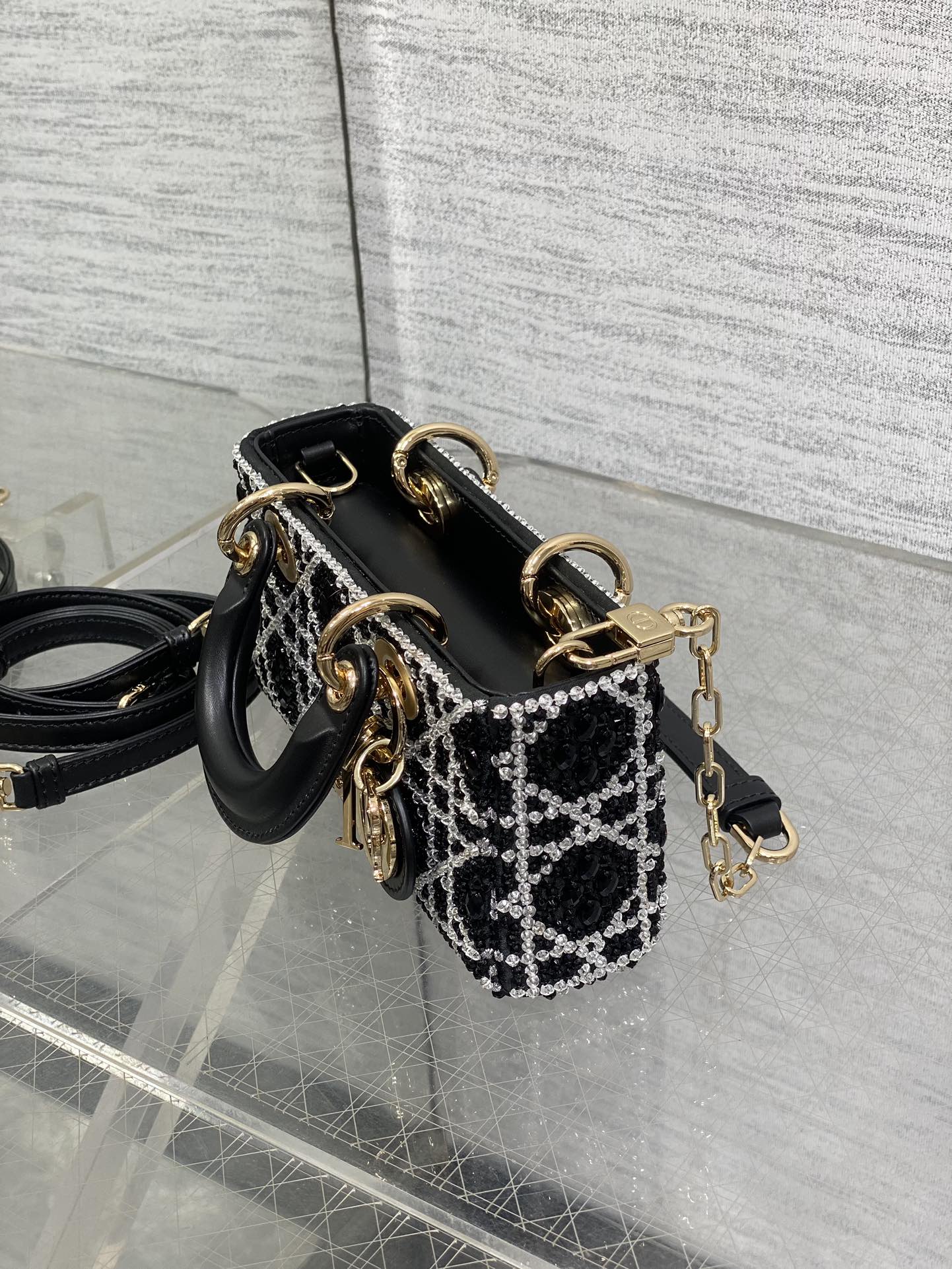 Lady D-Joy Micro Bag Cannage Embroidery with Black Beads and Silver-Tone Strass