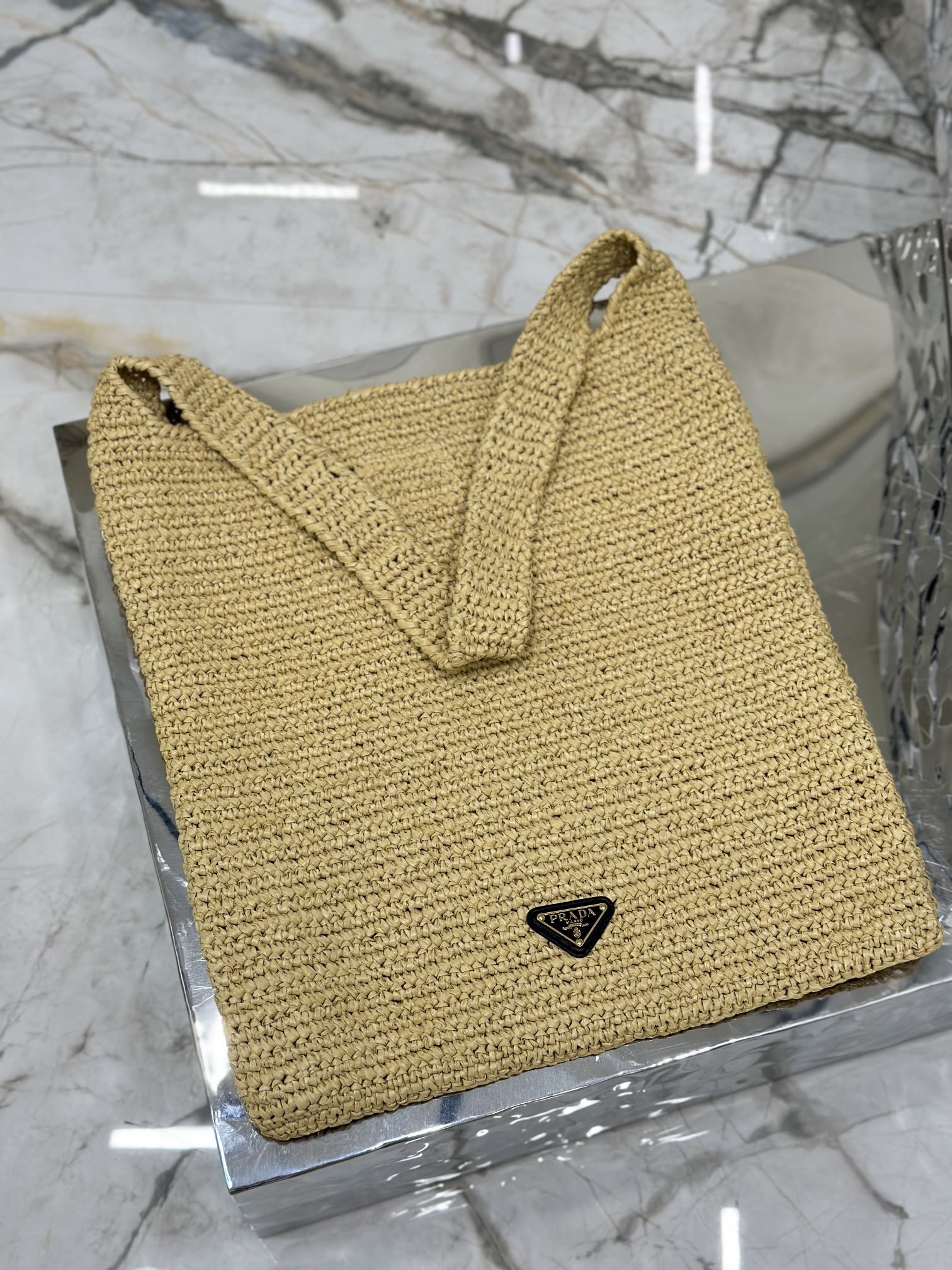 Prada Raffia Leather-Trimmed Tote