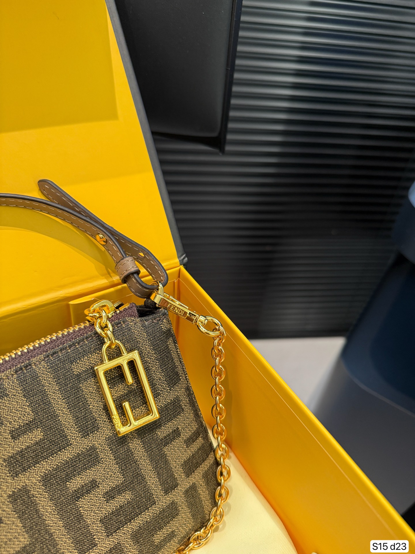 Fendi Baguette Pouch Brown jacquard FF fabric clutch with chain