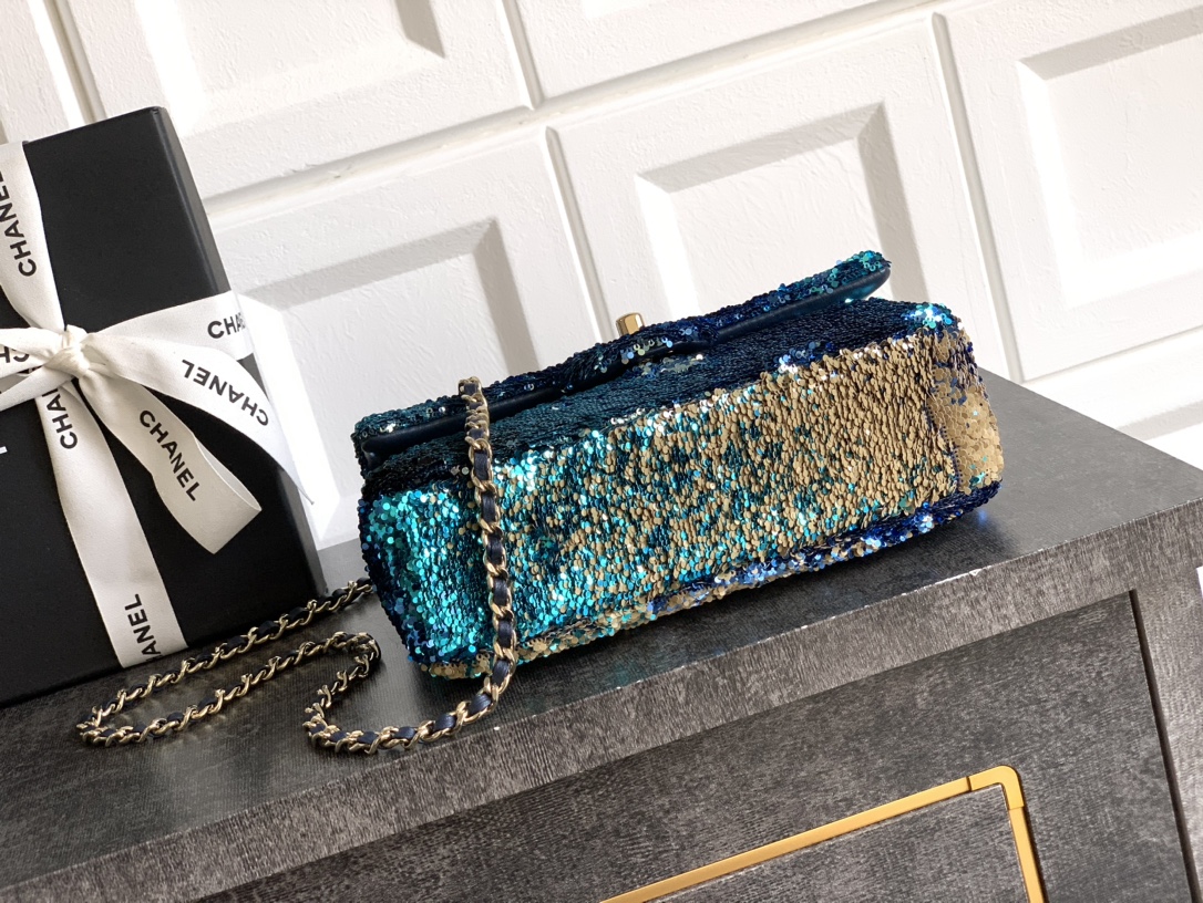 Chanel Shaded Sequins Mini Flap Light Green Dark Brown White Blue
