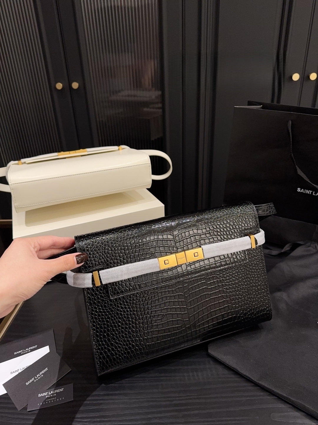 YSL Saint Laurent Manhattan Crocodile-Embossed Baguette Bag