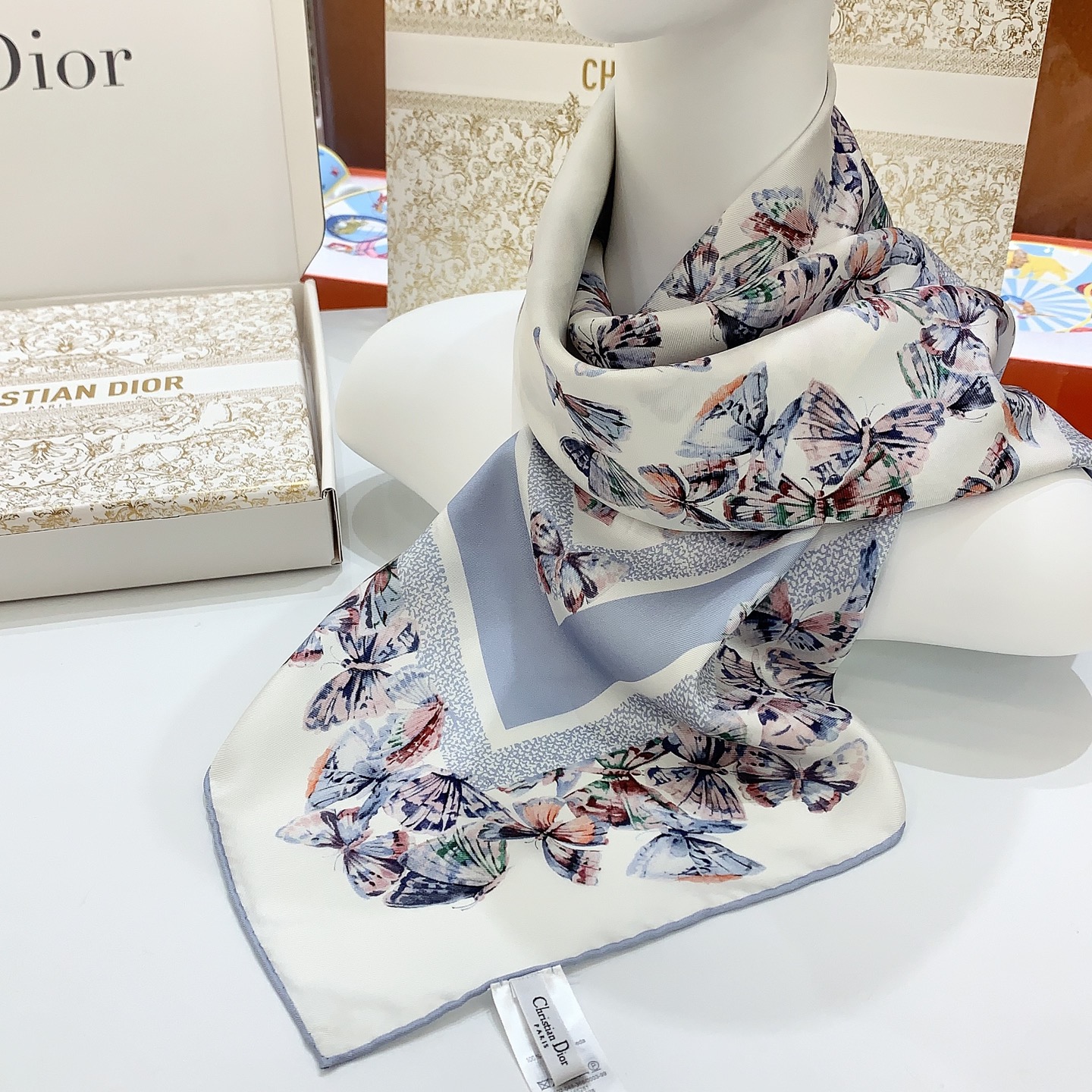 Dior Camo Papillon Print Silk Scarf