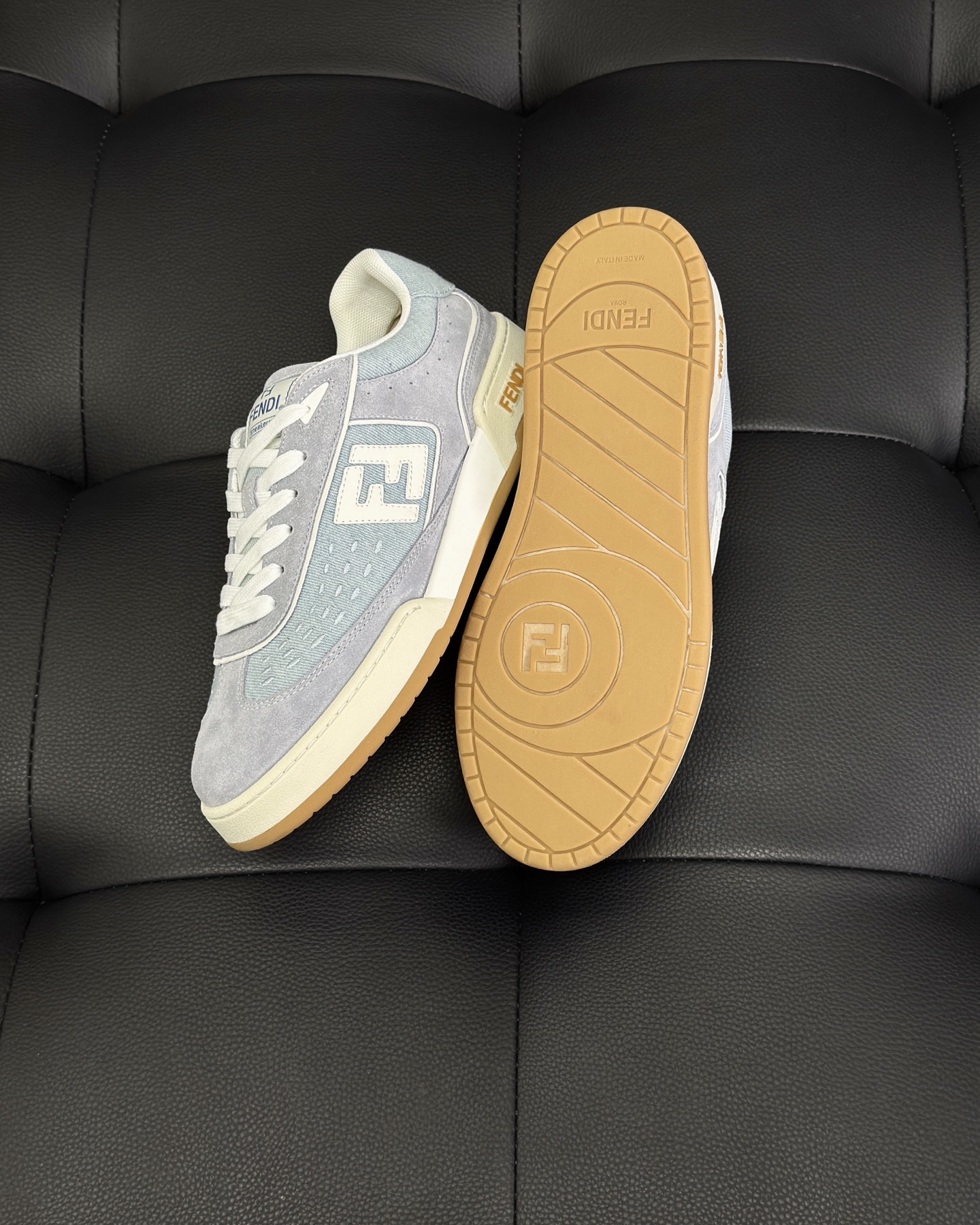 Fendi Match Light blue denim fabric and suede low tops