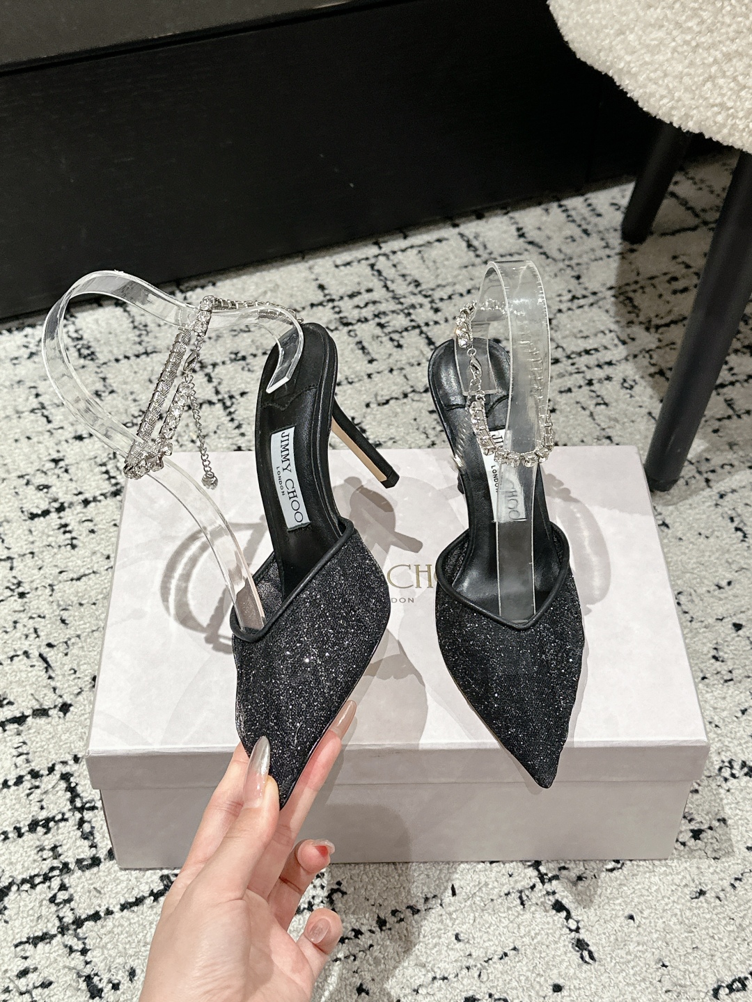 Jimmy Choo Premium Crystal Chain Lace Mesh Pumps