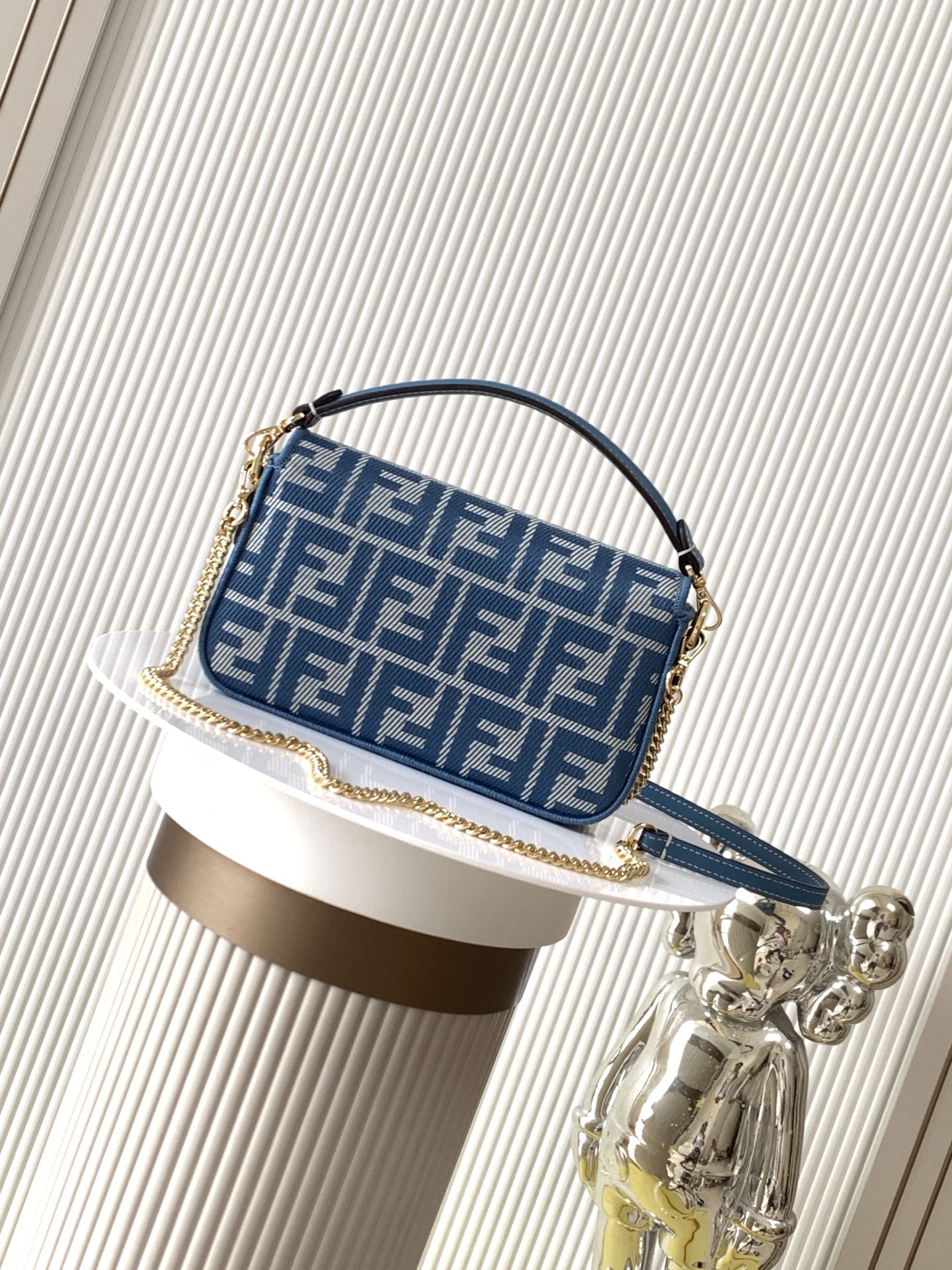 FENDI Baguette Mini Blue denim-effect FF jacquard bag