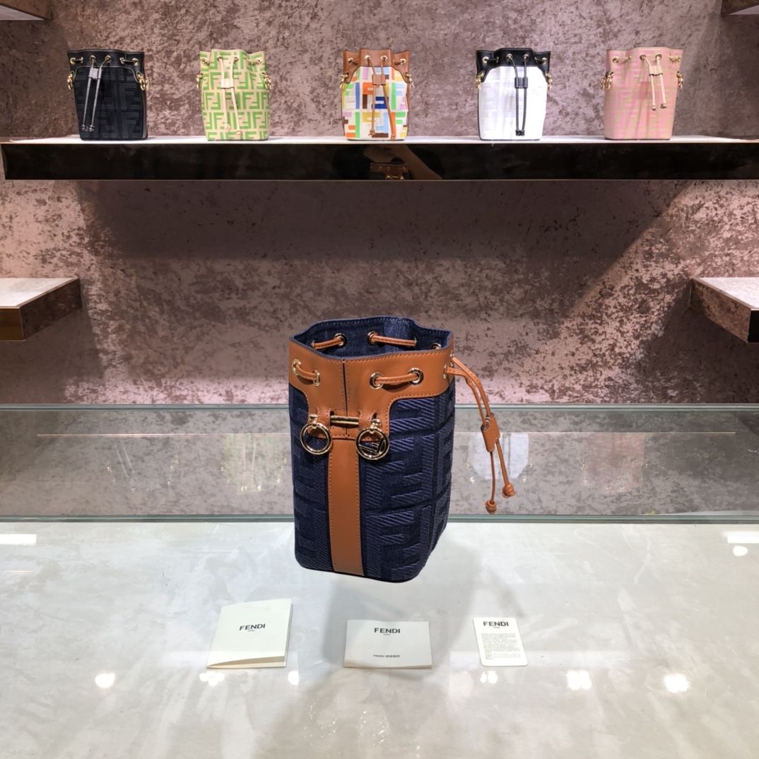 FENDI-Blue Denim FF Logo Embroidered Bucket Bag
