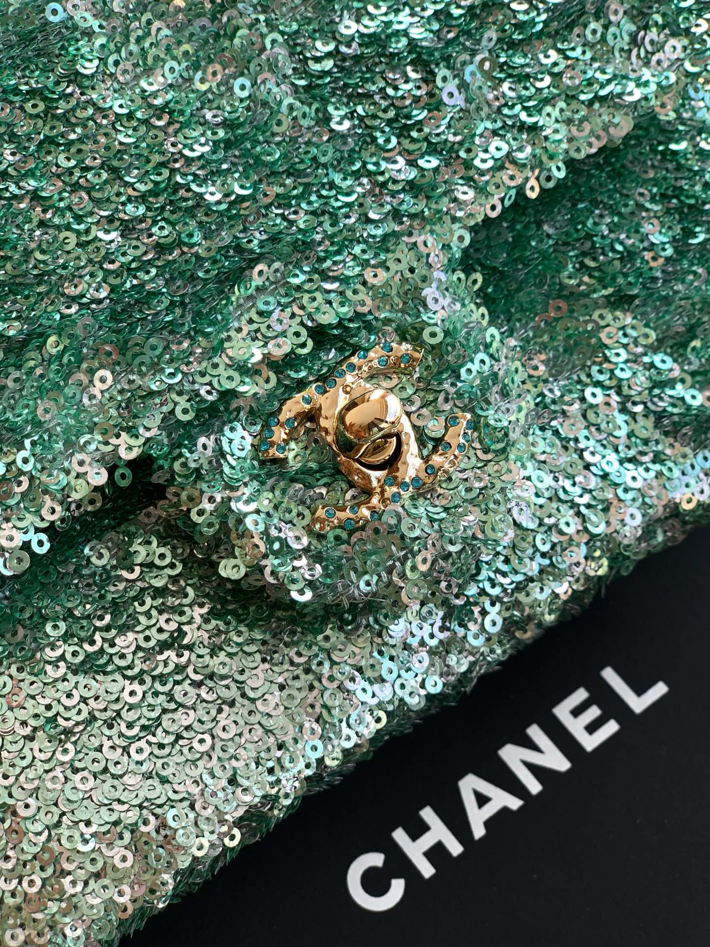 Chanel Chanel Green Sequins and Satin Mini Square Classic Flap Bag