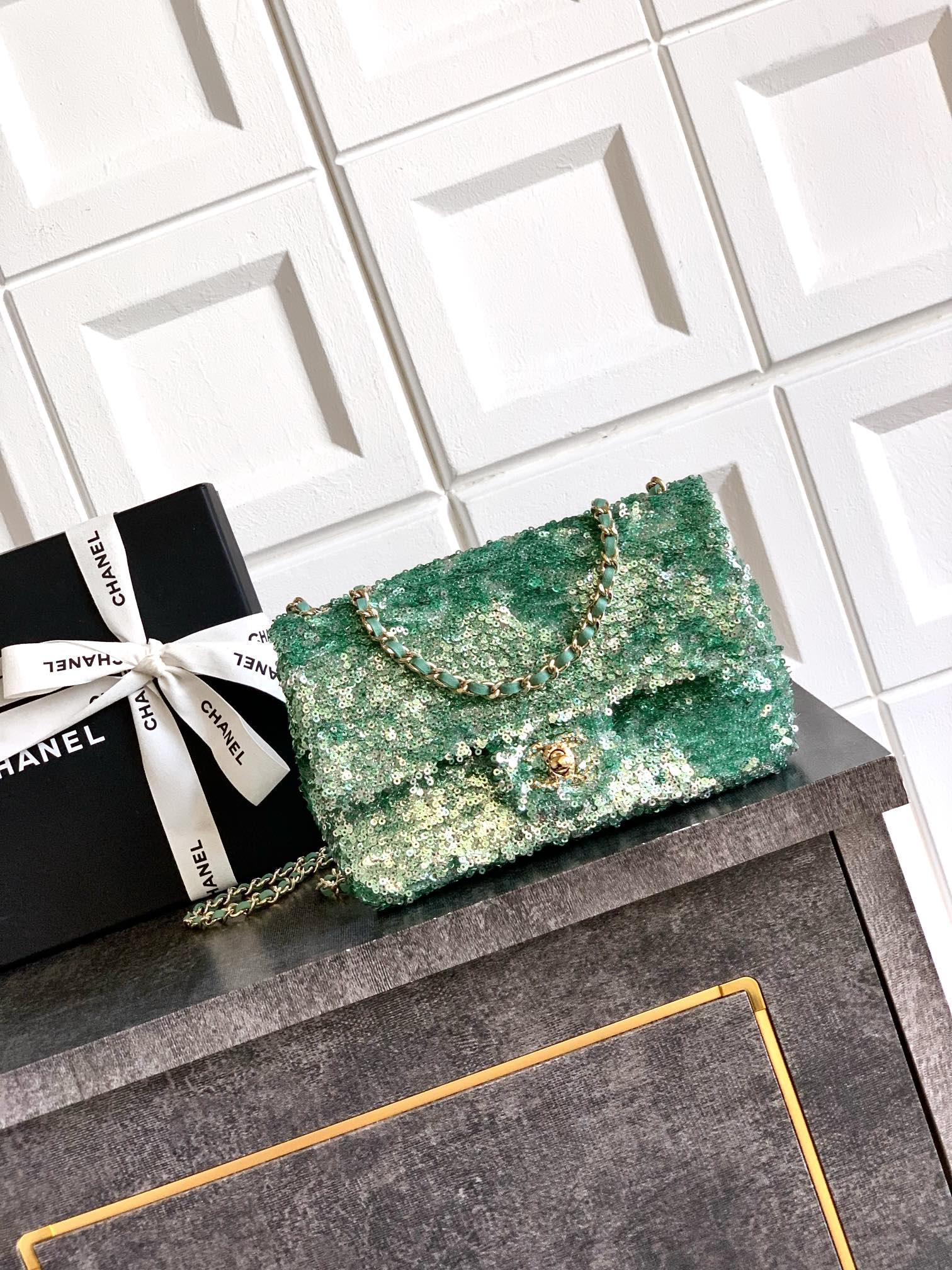Chanel Chanel Green Sequins and Satin Mini Square Classic Flap Bag