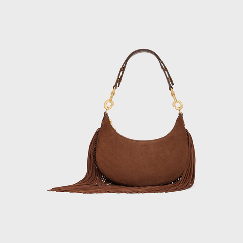 MEDIUM AVA STRAP BAG WITH FRINGES IN SUEDE CALFSKIN BROWN