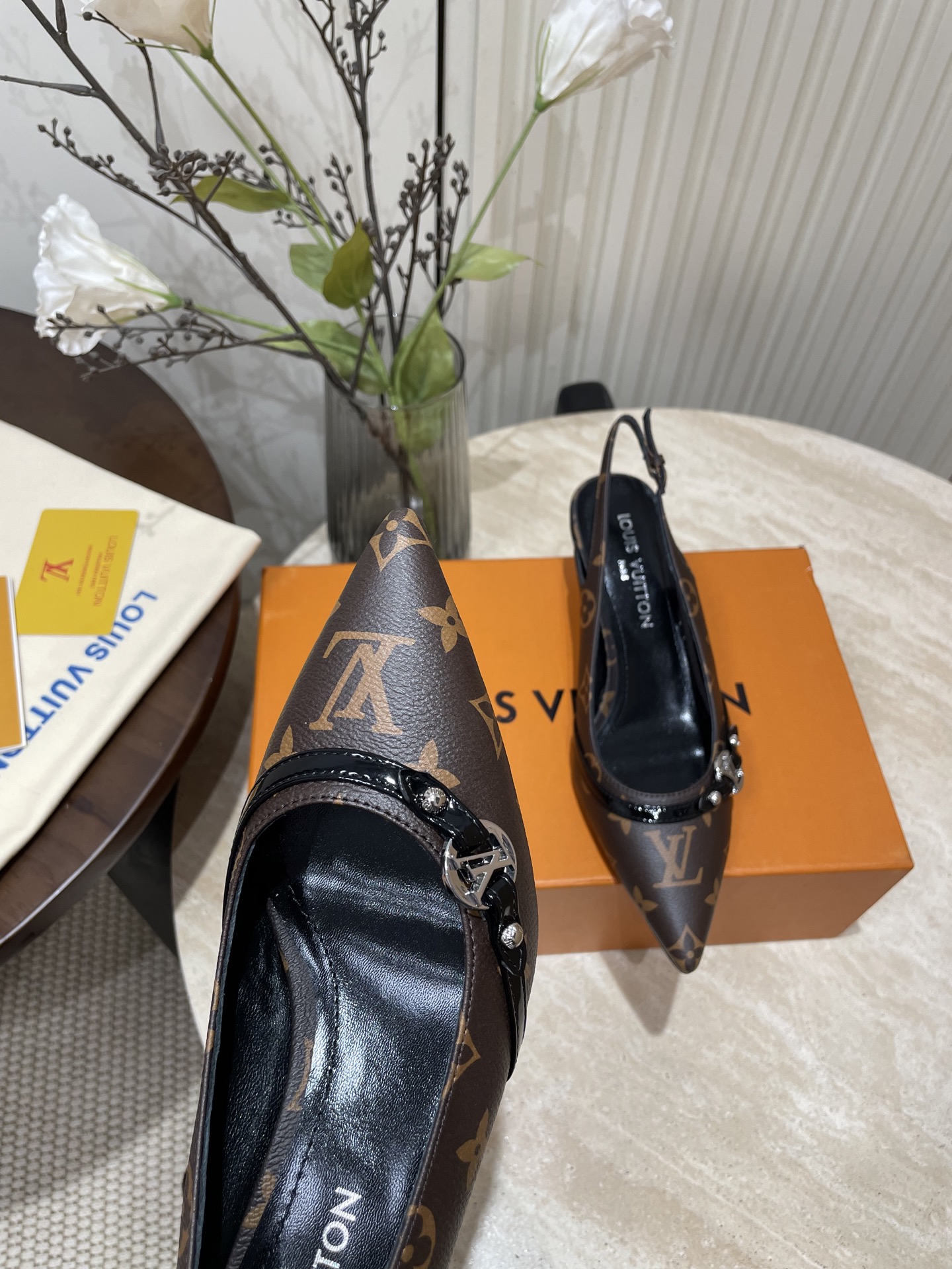 L V Pointed-Toe Slingback Heeled Sandals