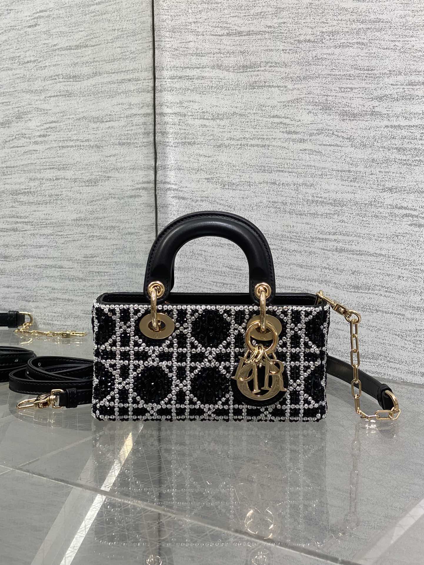 Lady D-Joy Micro Bag Cannage Embroidery with Black Beads and Silver-Tone Strass