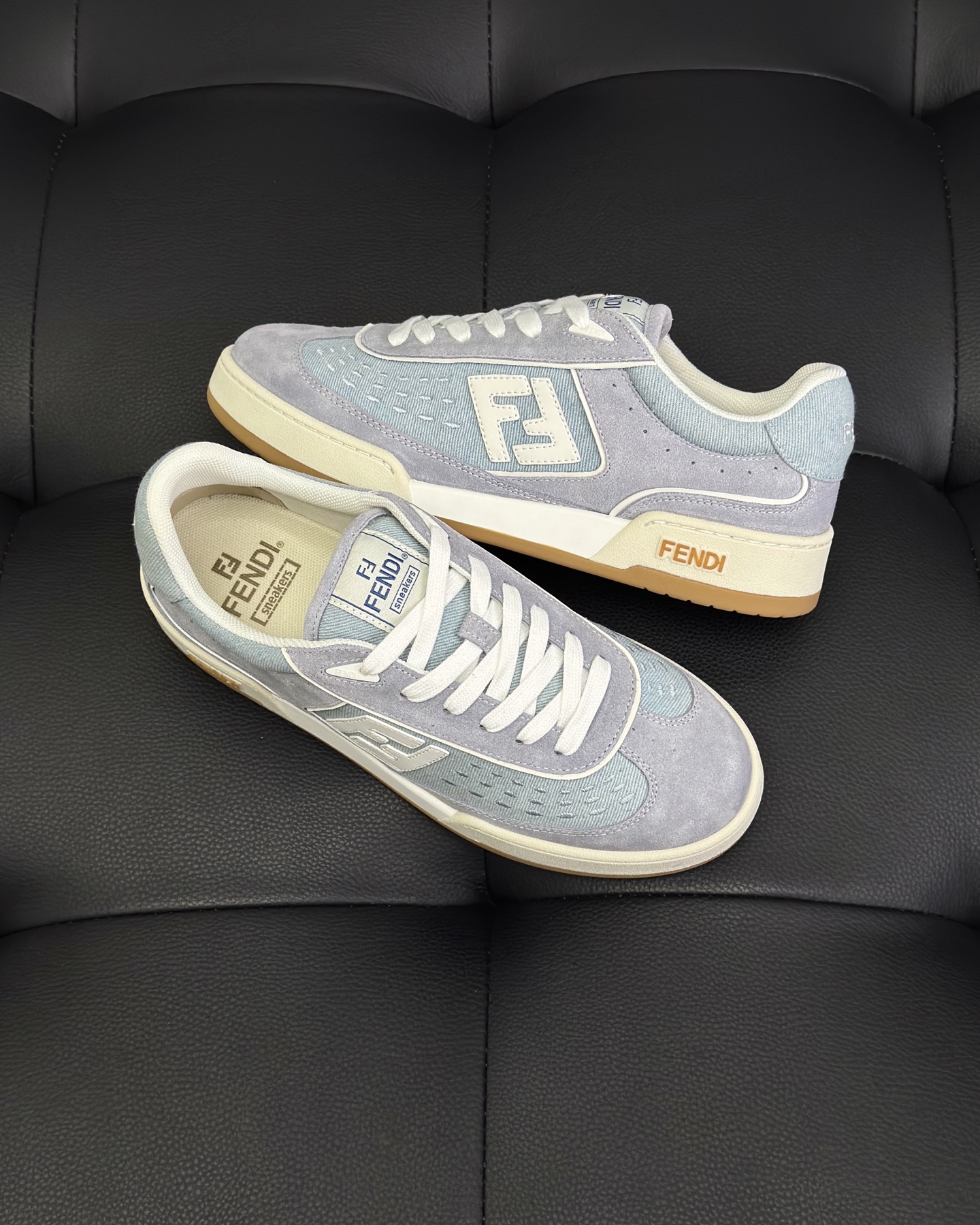 Fendi Match Light blue denim fabric and suede low tops