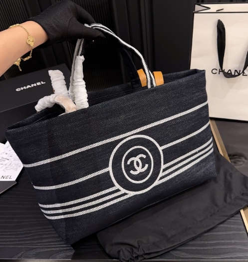 Chanel Navy Denim CC Stripe Large Shopper Tote