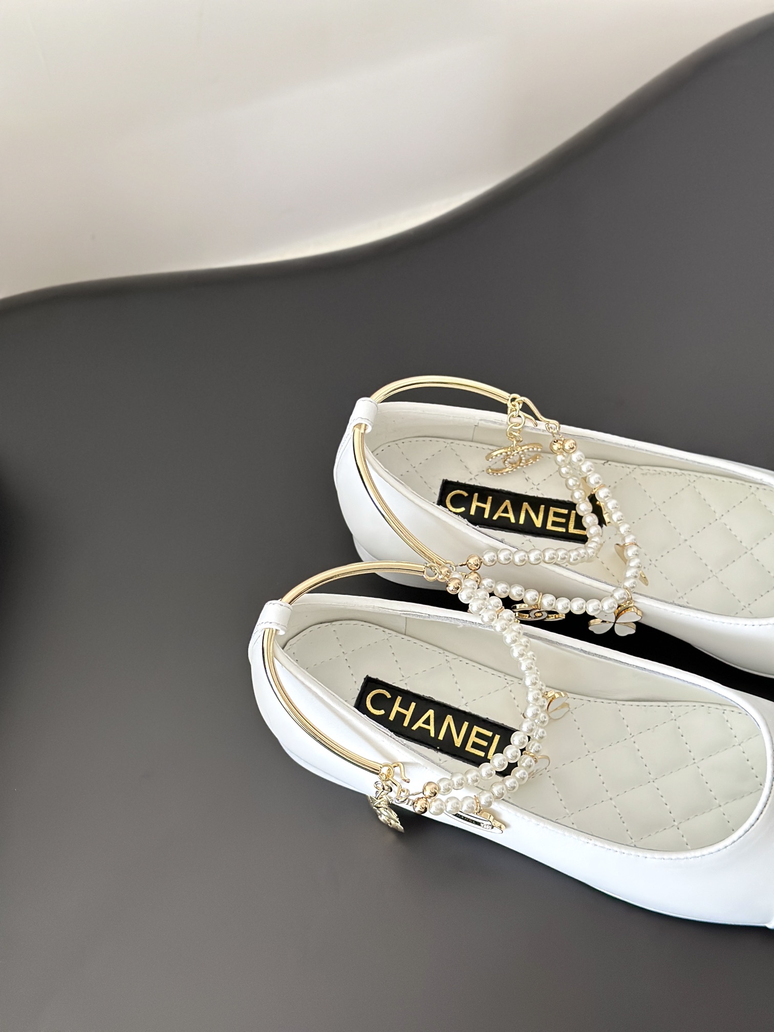 Chanel Leather Flat Black 'Pearl Embellished'