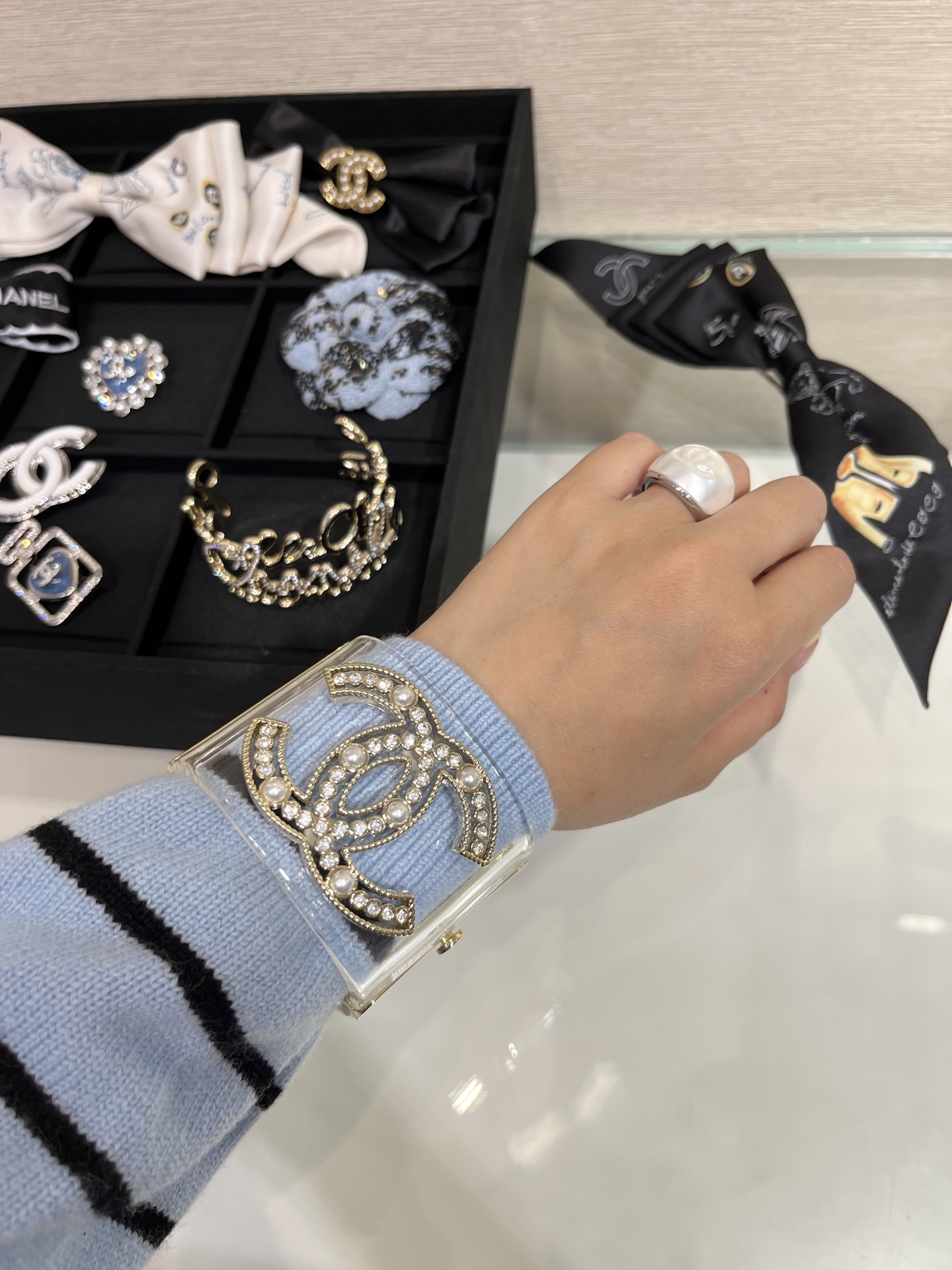 Chanel Pearl & Rhinestone Double C Transparent Resin Cuff Bracelet