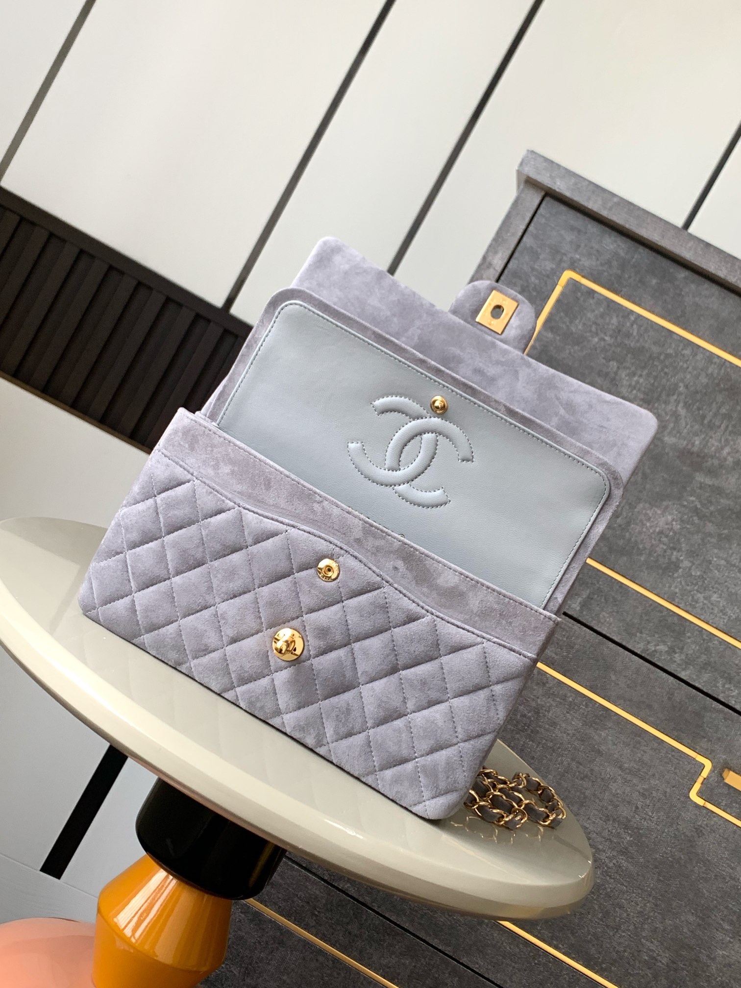 CHANEL Suede Chain Shoulder Bag – Smoky Gray