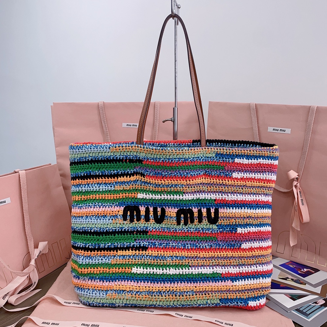 MiuMiu Raffia-effect woven tote bag