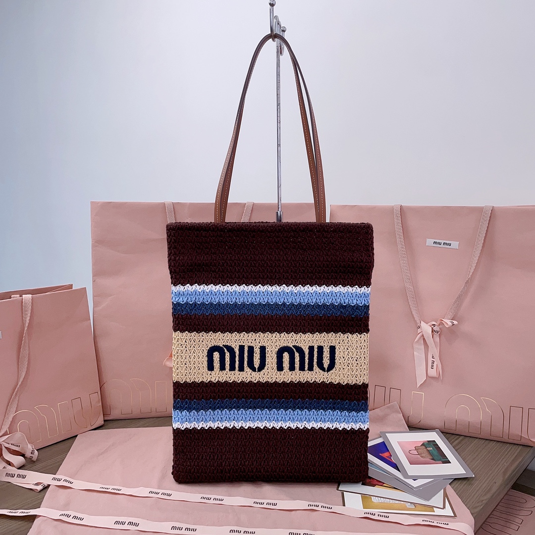 MiuMiu-Raffia-effect woven tote bag -Cocoa Brown