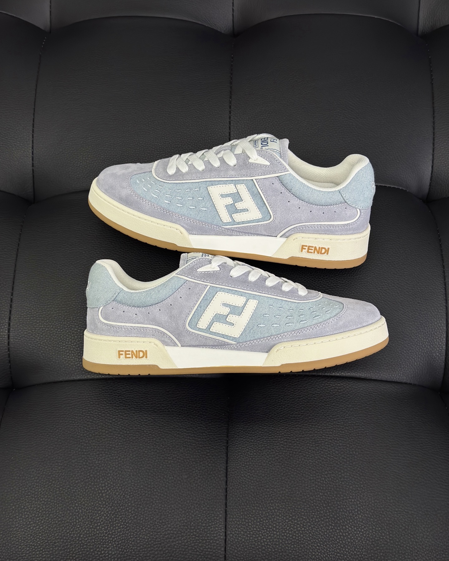 Fendi Match Light blue denim fabric and suede low tops