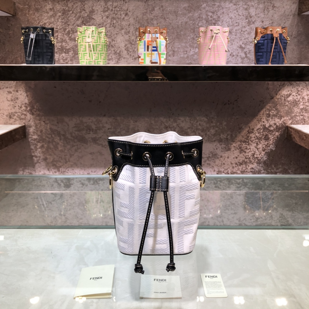 FENDI-White Denim FF Logo Embroidered Bucket Bag