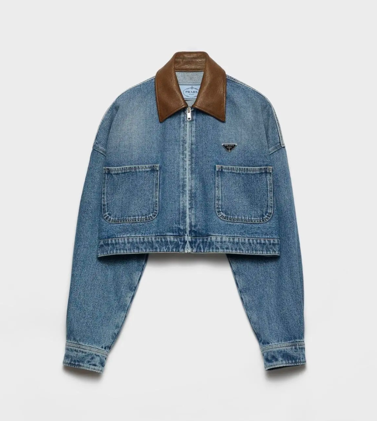 Prada Cropped leather-trimmed denimjacket in blue