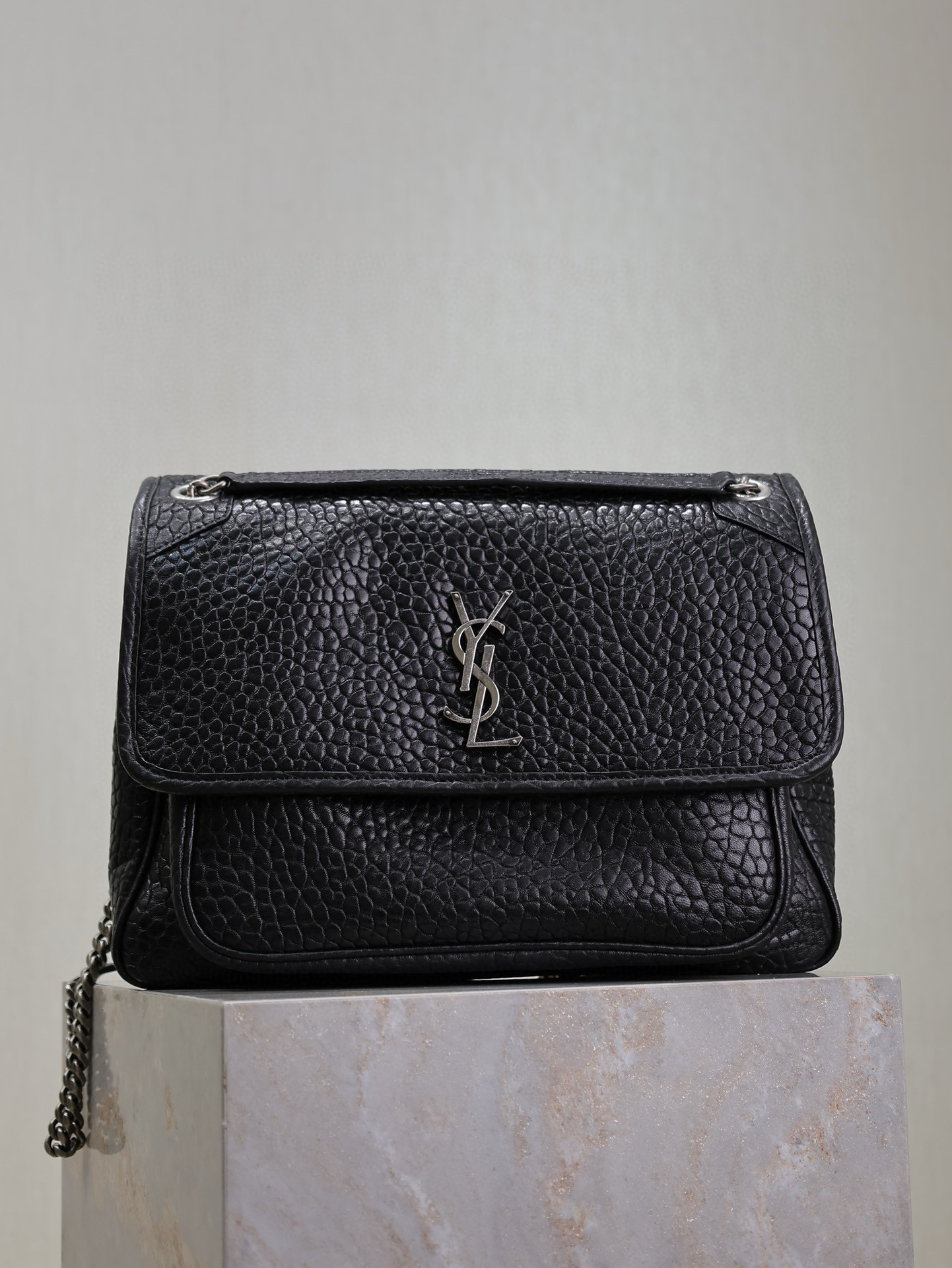 Saint Laurent Large Black Elephant-Grain Niki Bag