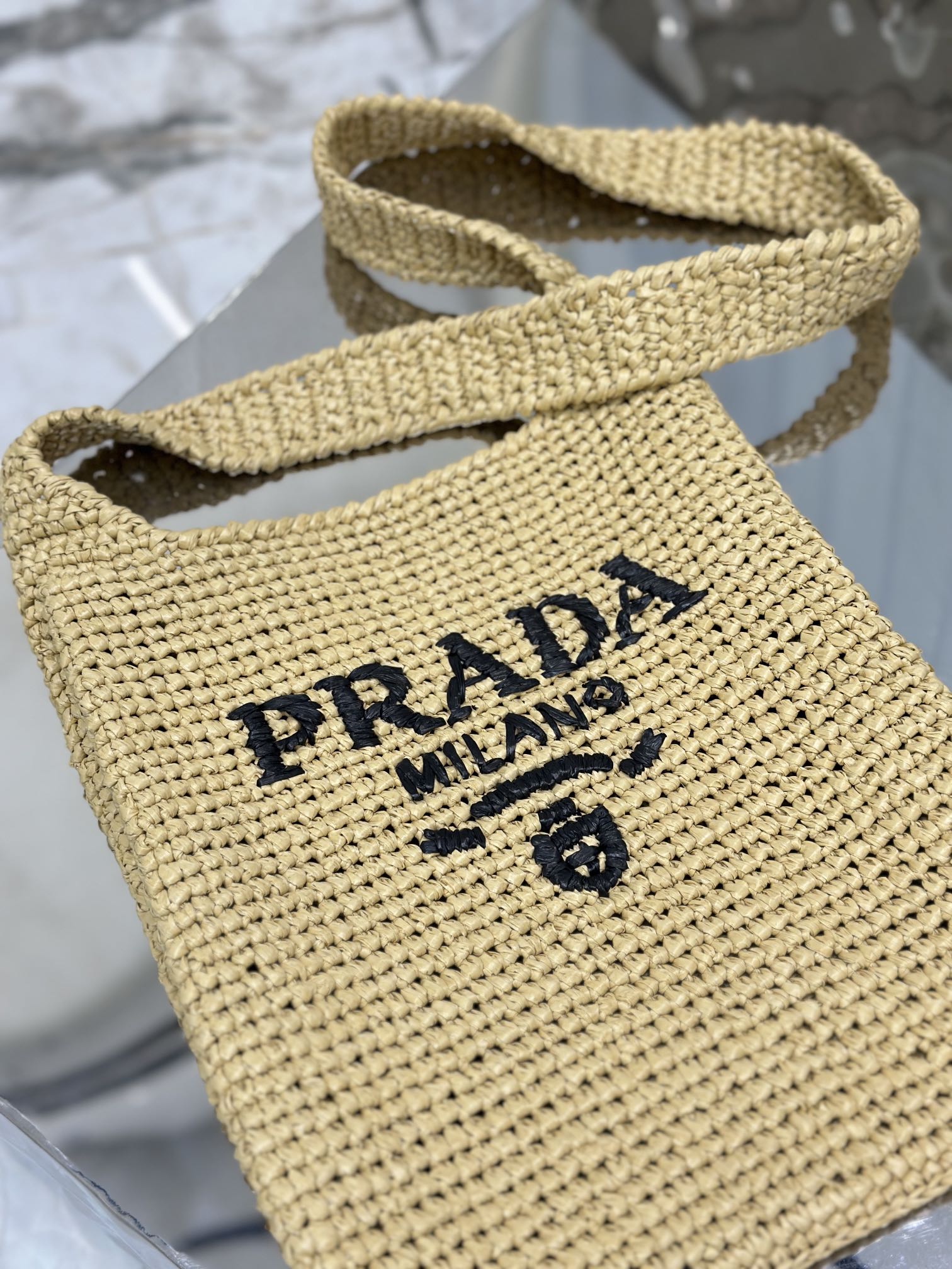 Prada Raffia Leather-Trimmed Tote