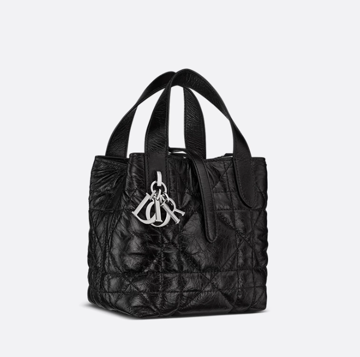 Dior Toujours Vertical Nano Tote Bag Black Macrocannage Crinkled Calfskin