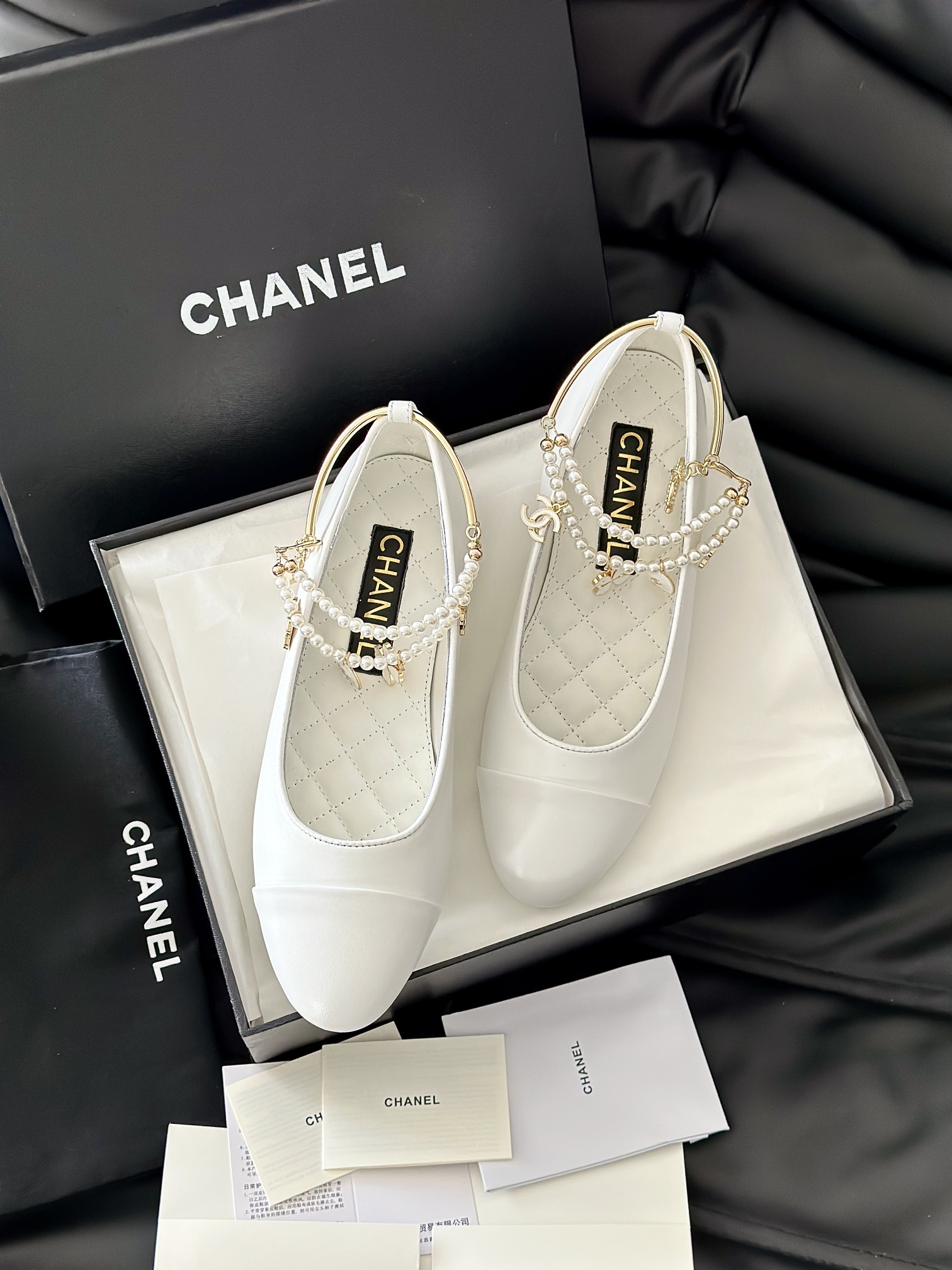 Chanel Leather Flat Black 'Pearl Embellished'