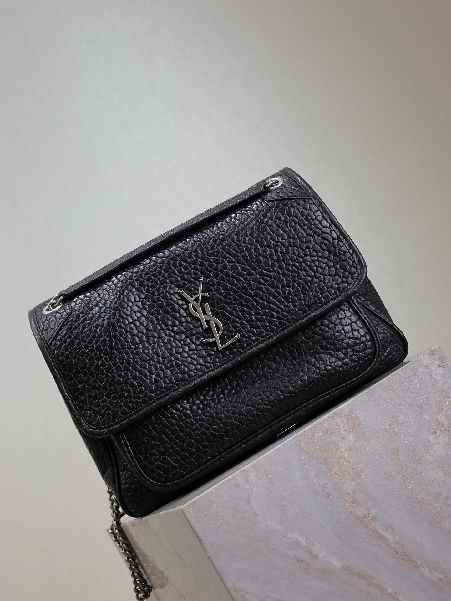 Saint Laurent Large Black Elephant-Grain Niki Bag