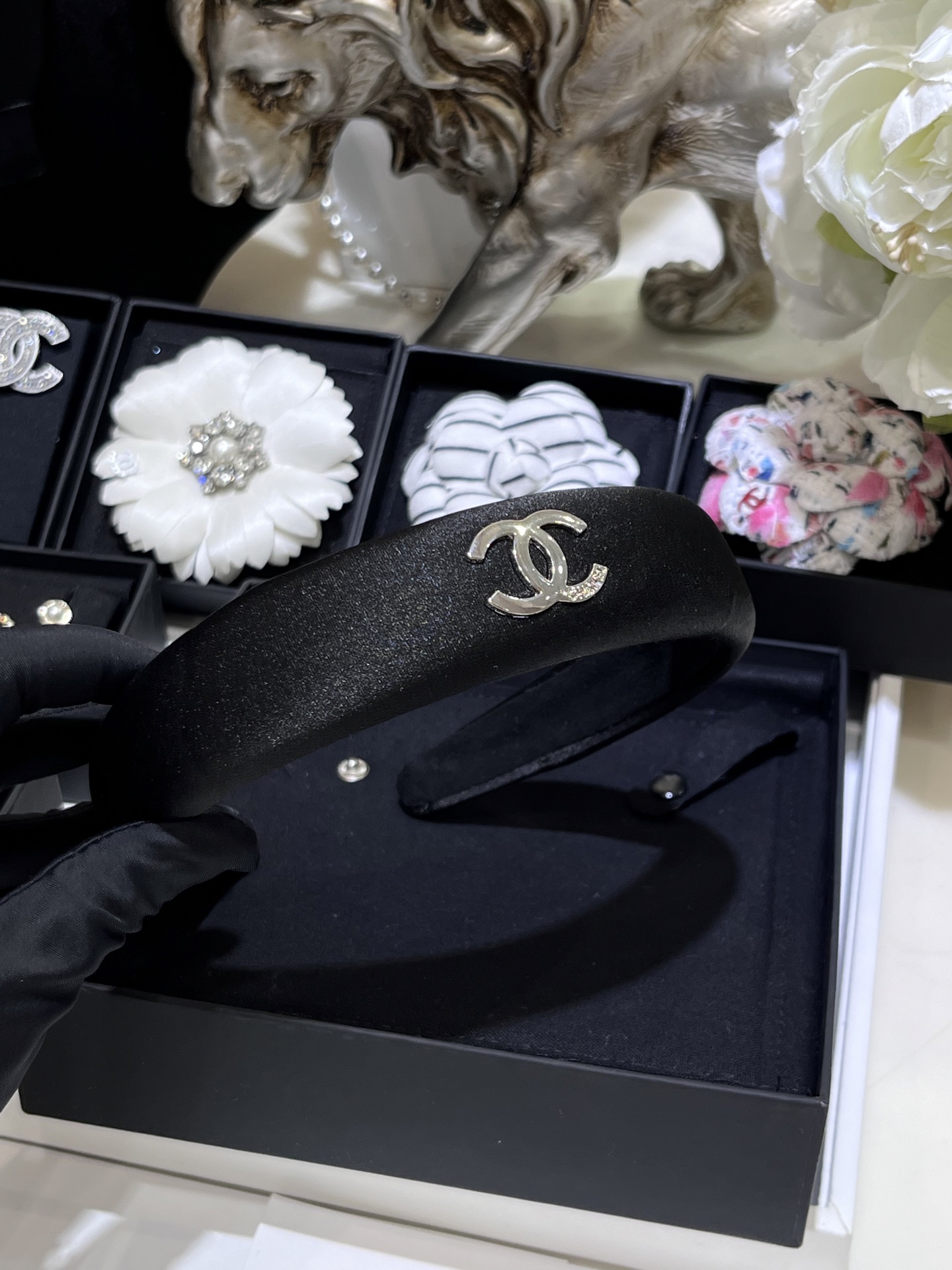 New Gold Double C Black Velvet Wide Headband