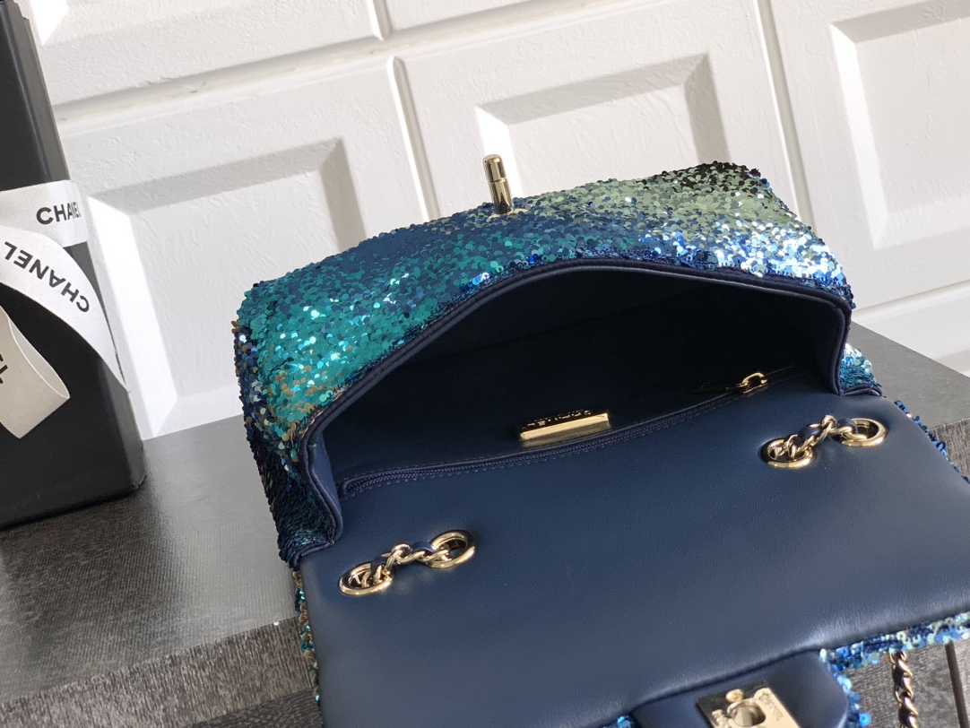 Chanel Shaded Sequins Mini Flap Light Green Dark Brown White Blue