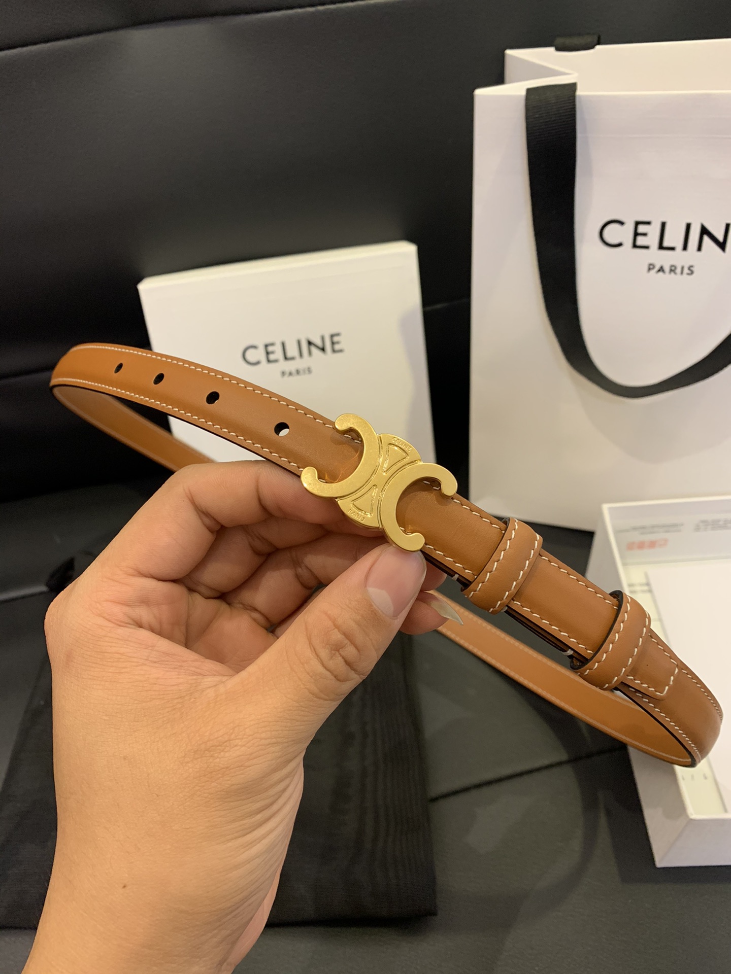 Celine-Triomphe Belt in Taurillon Leather