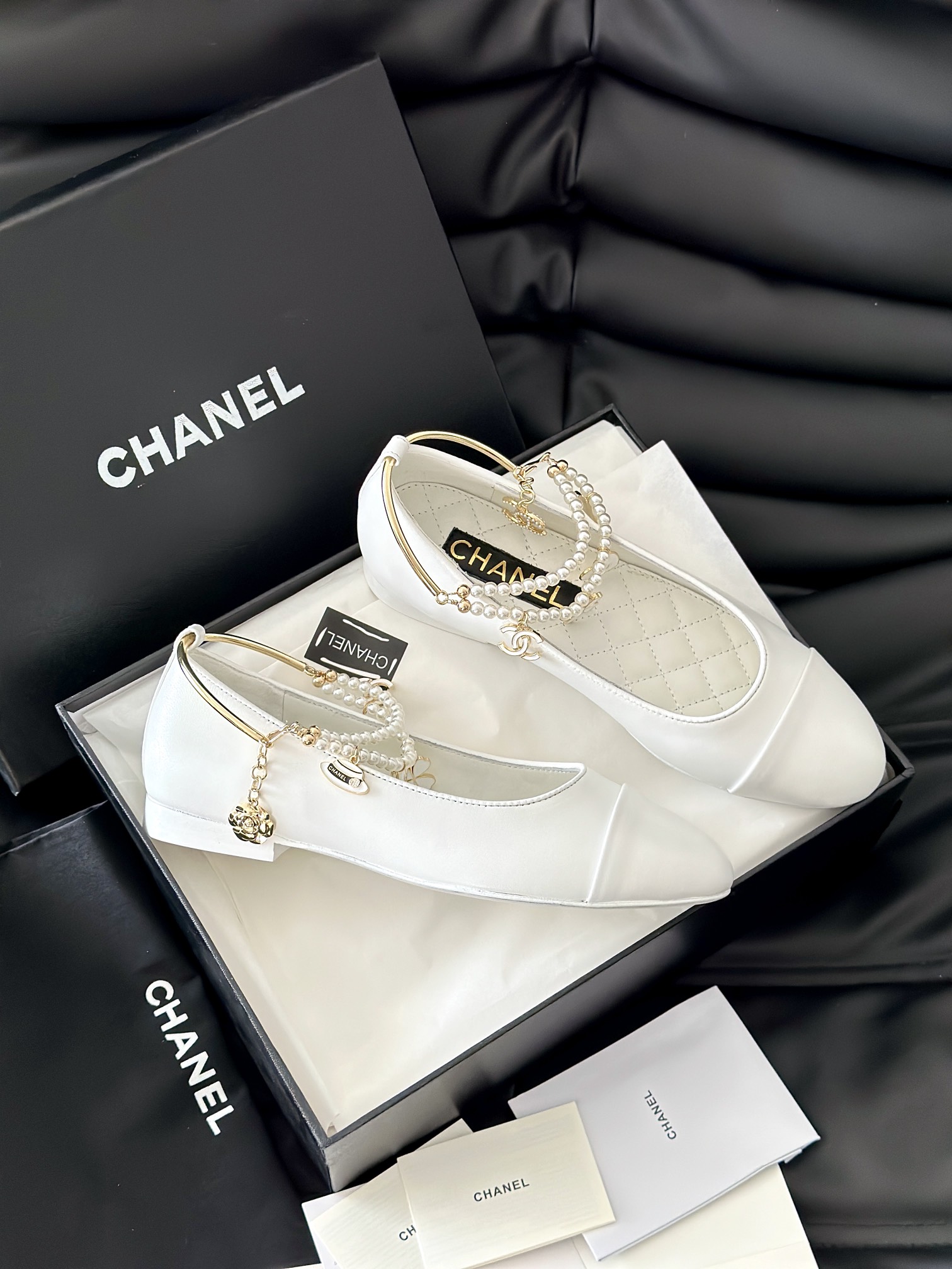 Chanel Leather Flat Black 'Pearl Embellished'
