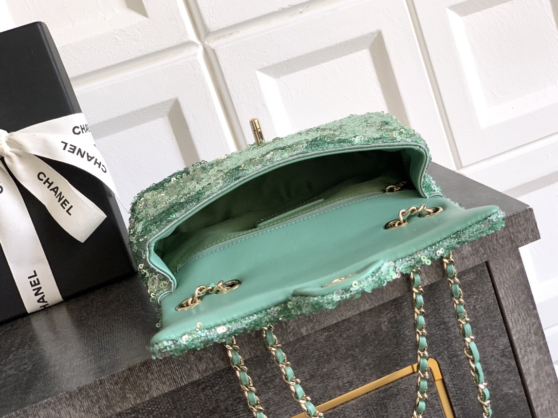 Chanel Chanel Green Sequins and Satin Mini Square Classic Flap Bag