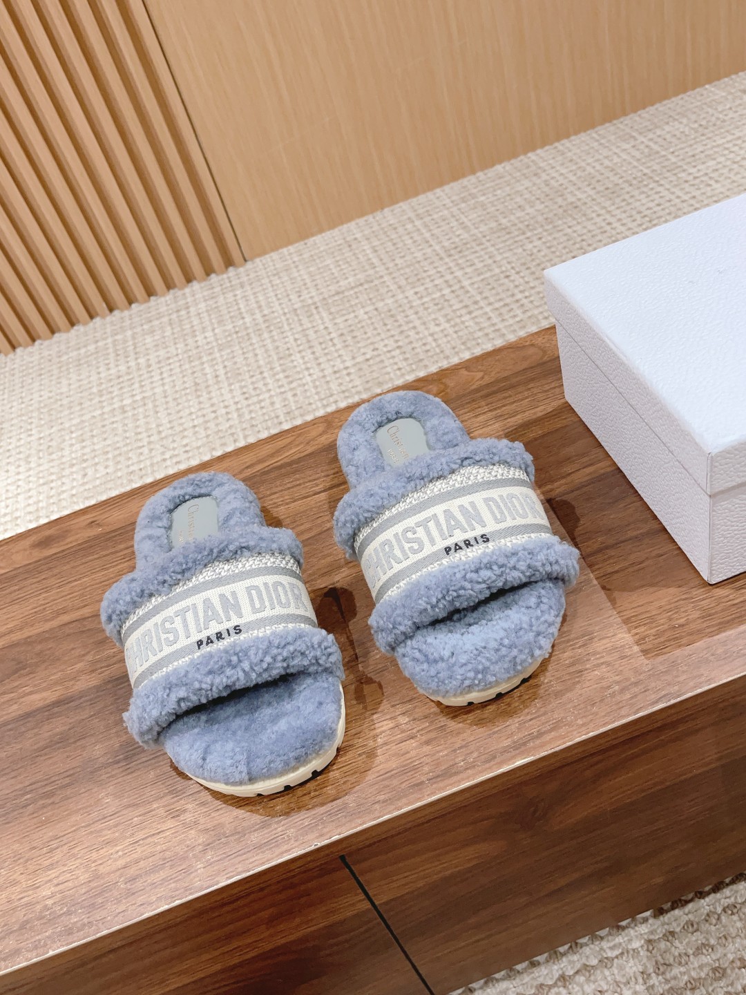 Christian Dior Embroidered Striped Logo Plush Flat Slippers