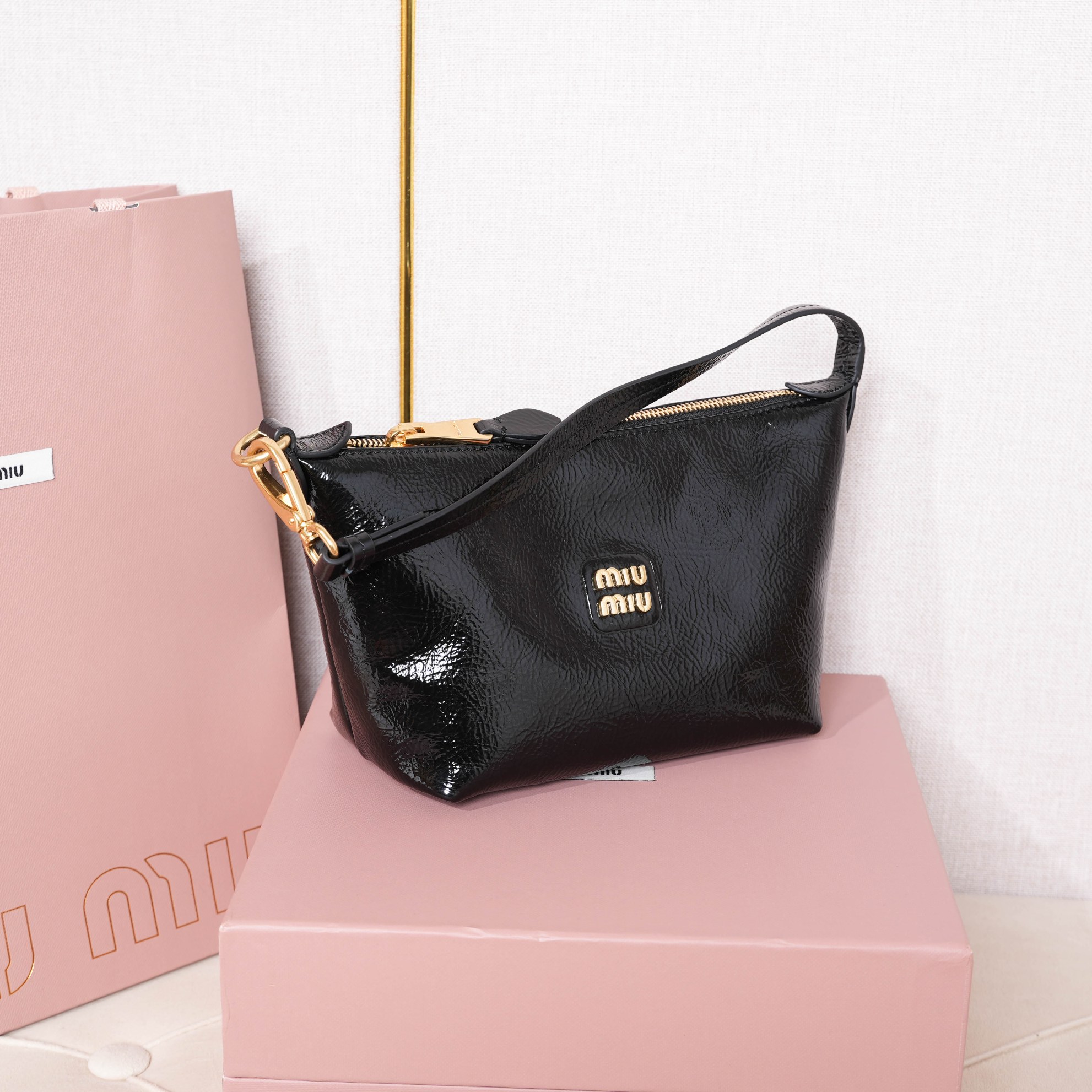 Miu Miu Glossy Crackle-Texture Lunch Tote