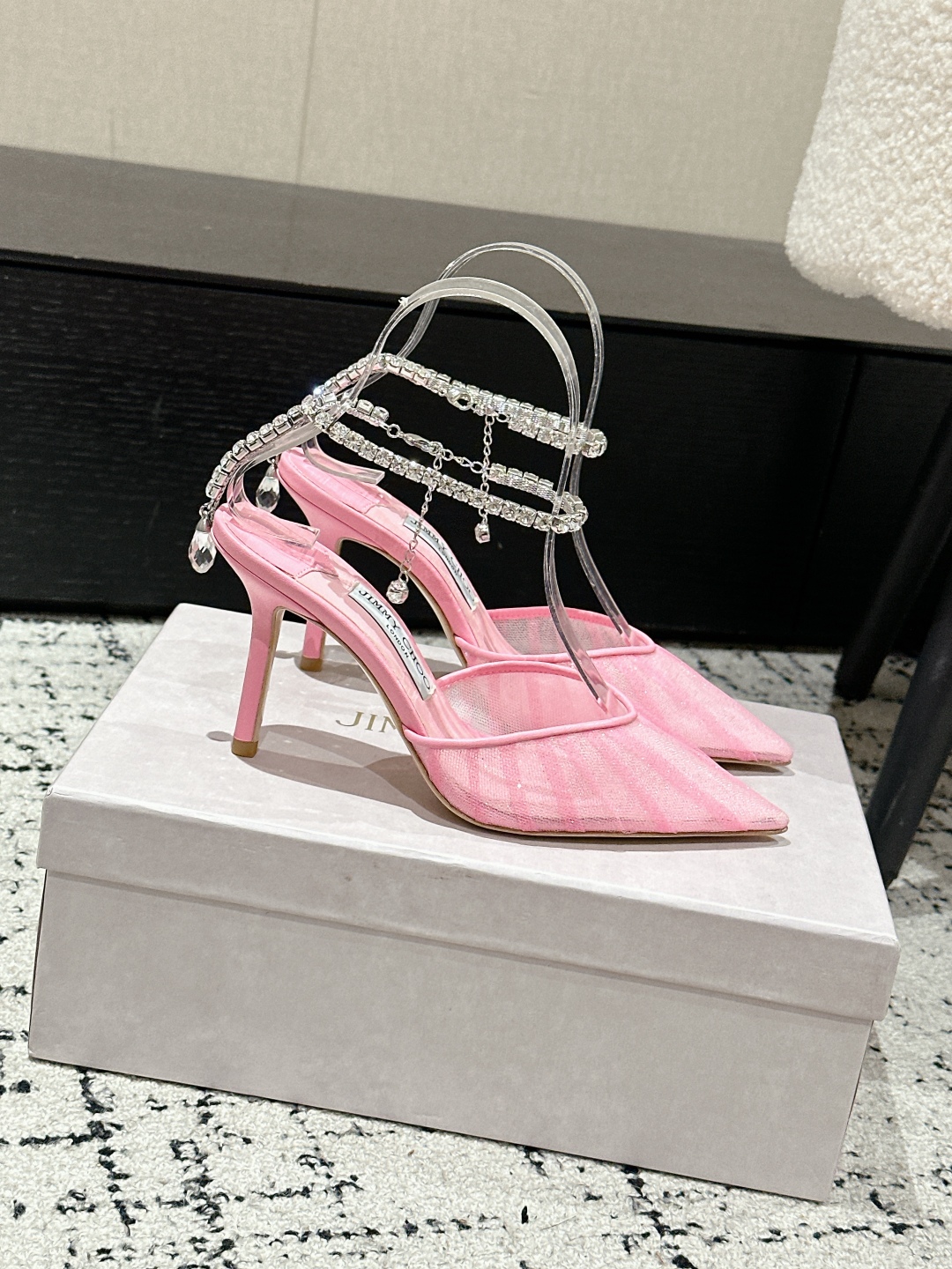 Jimmy Choo Premium Crystal Chain Lace Mesh Pumps