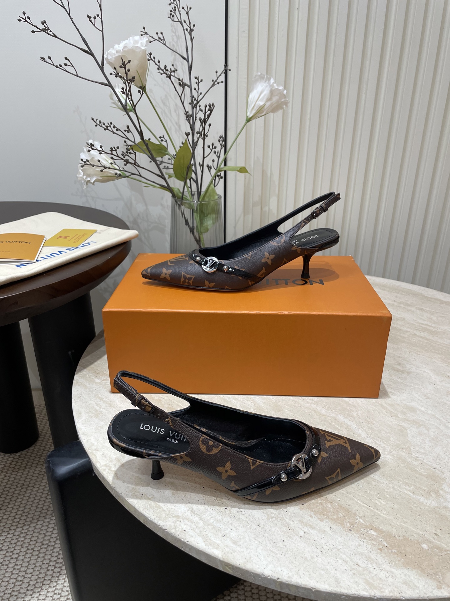 L V Pointed-Toe Slingback Heeled Sandals