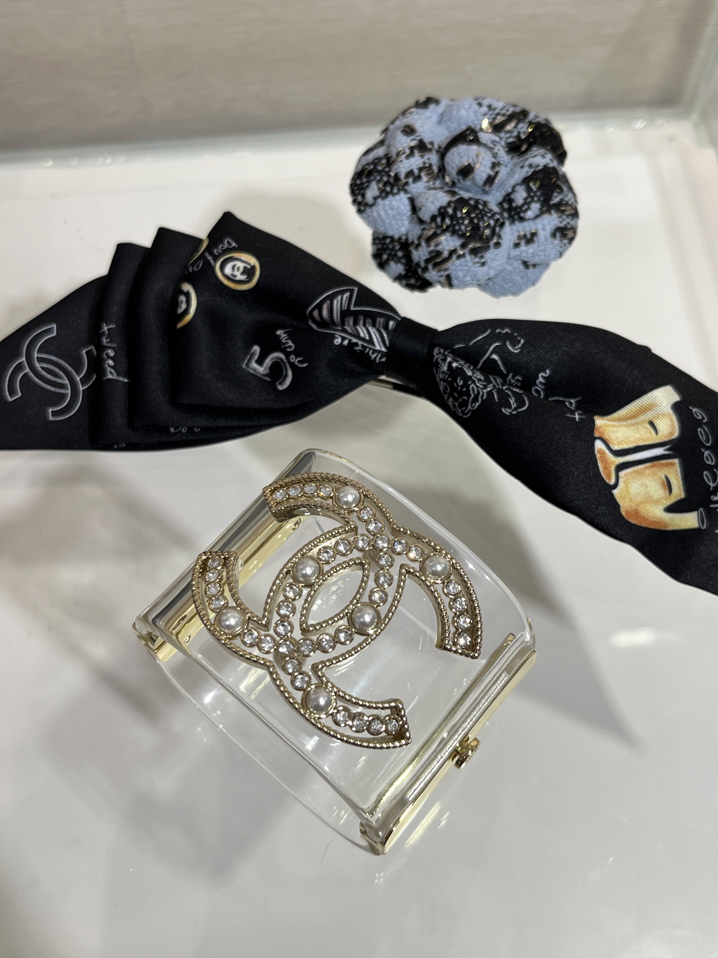 Chanel Pearl & Rhinestone Double C Transparent Resin Cuff Bracelet