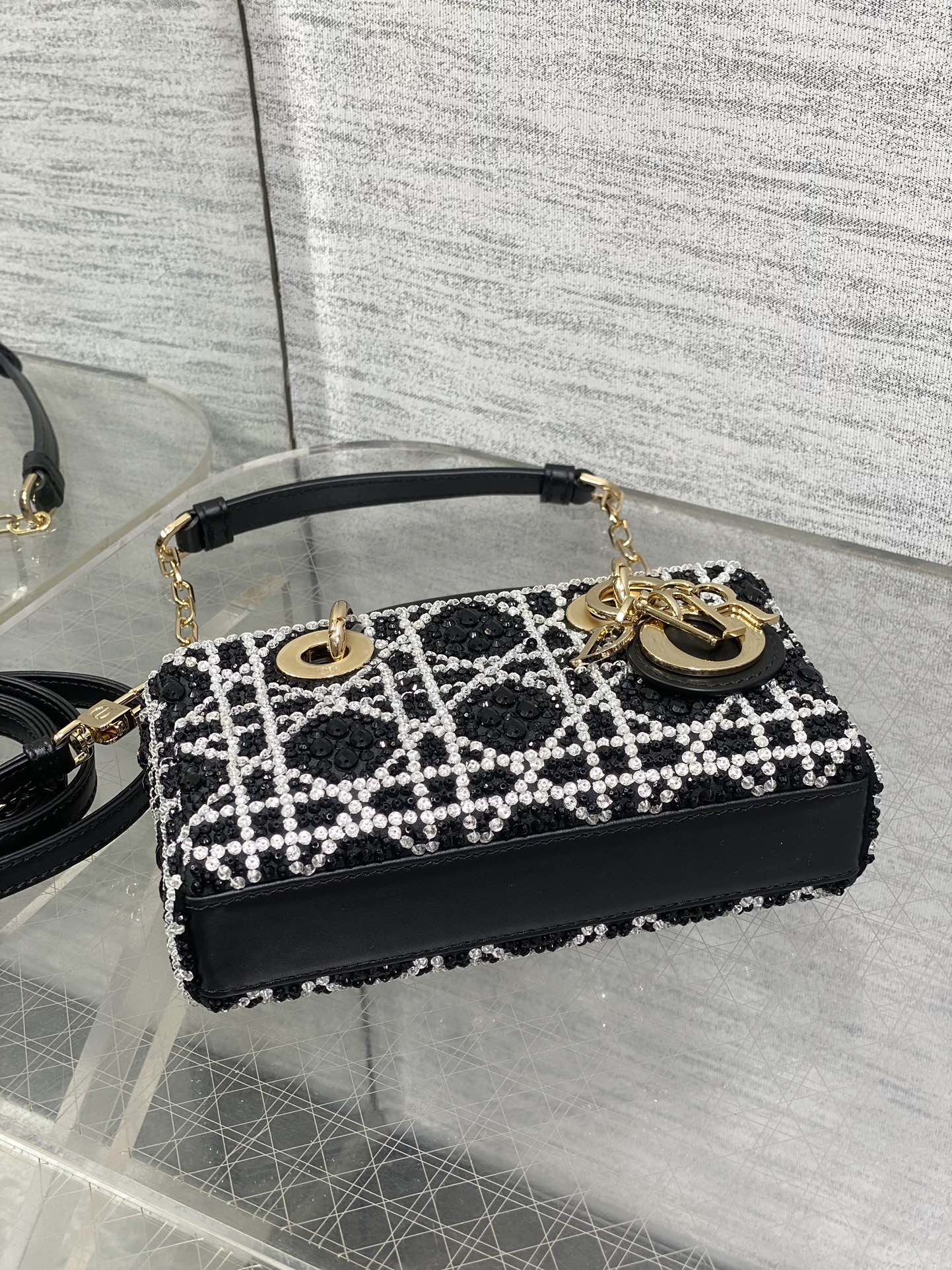 Lady D-Joy Micro Bag Cannage Embroidery with Black Beads and Silver-Tone Strass