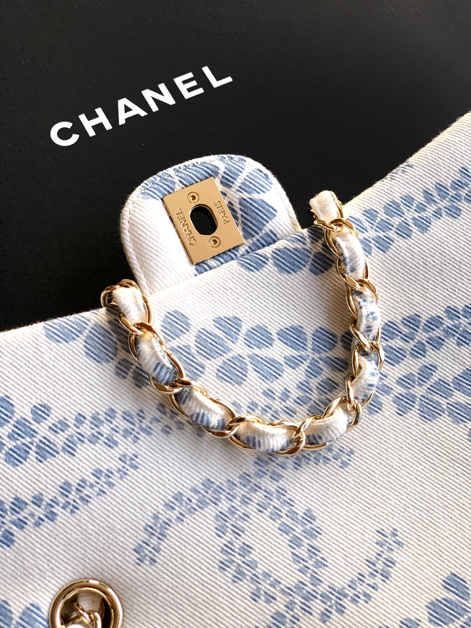 Chanel Flap Bag Printed Denim & Gold-Tone Metal White & Blue