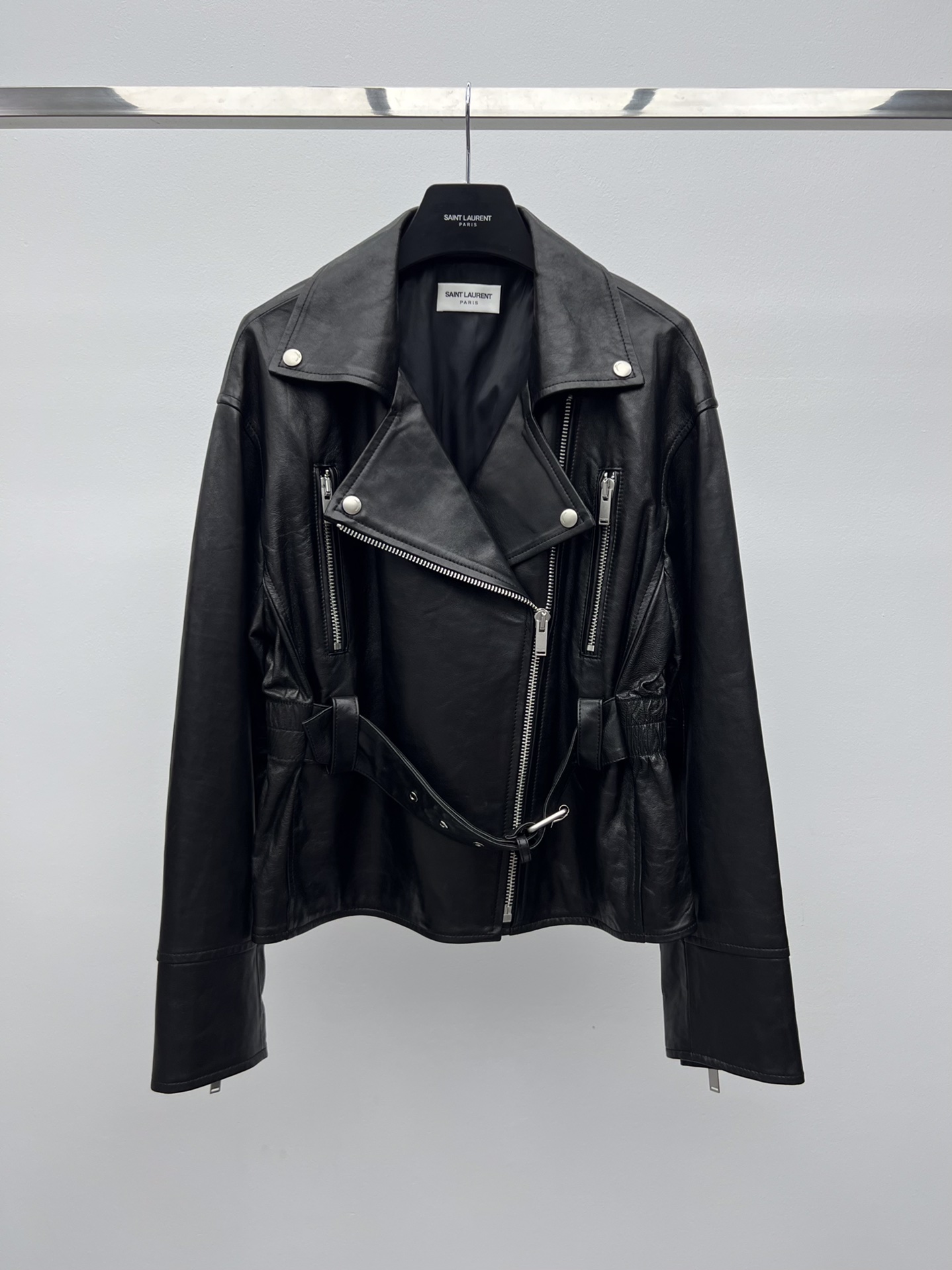 Saint Laurent Waist-Cinched Leather Jacket
