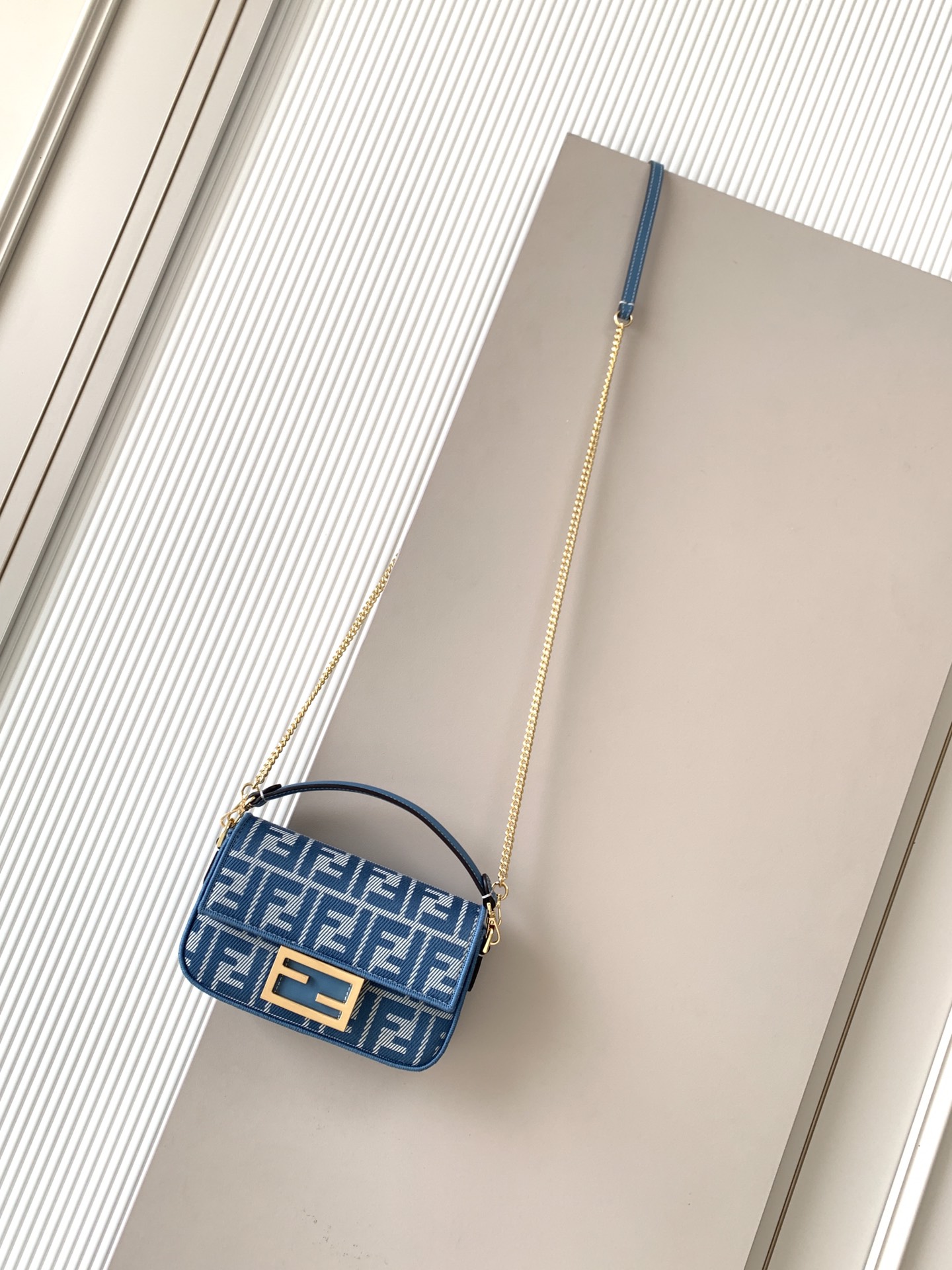 FENDI Baguette Mini Blue denim-effect FF jacquard bag