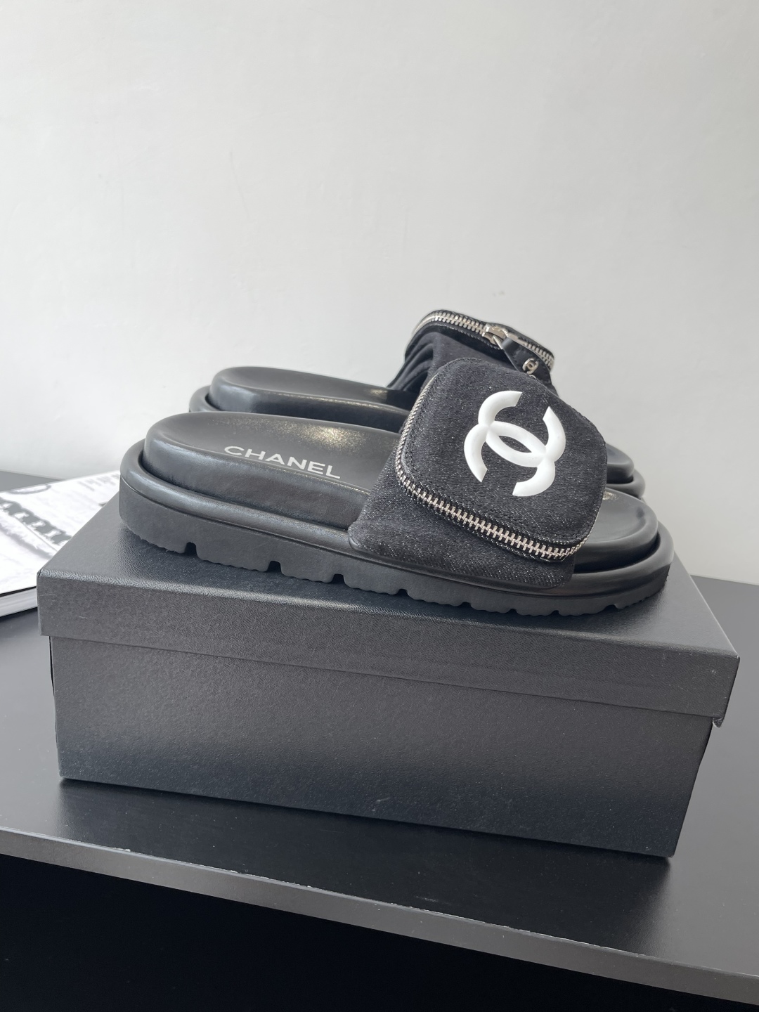 CHANEL Summer Denim Velcro Puffy Slides