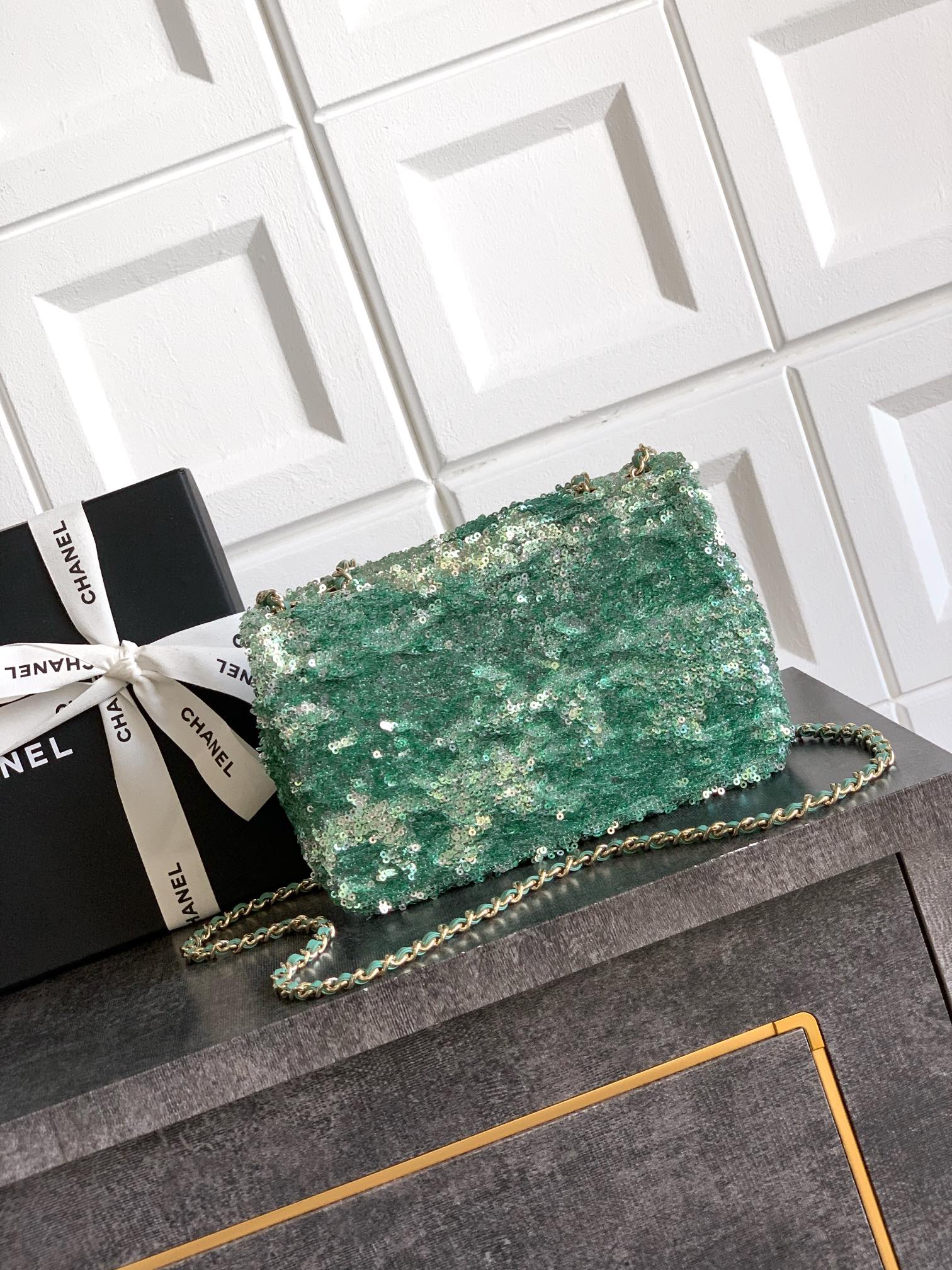 Chanel Chanel Green Sequins and Satin Mini Square Classic Flap Bag