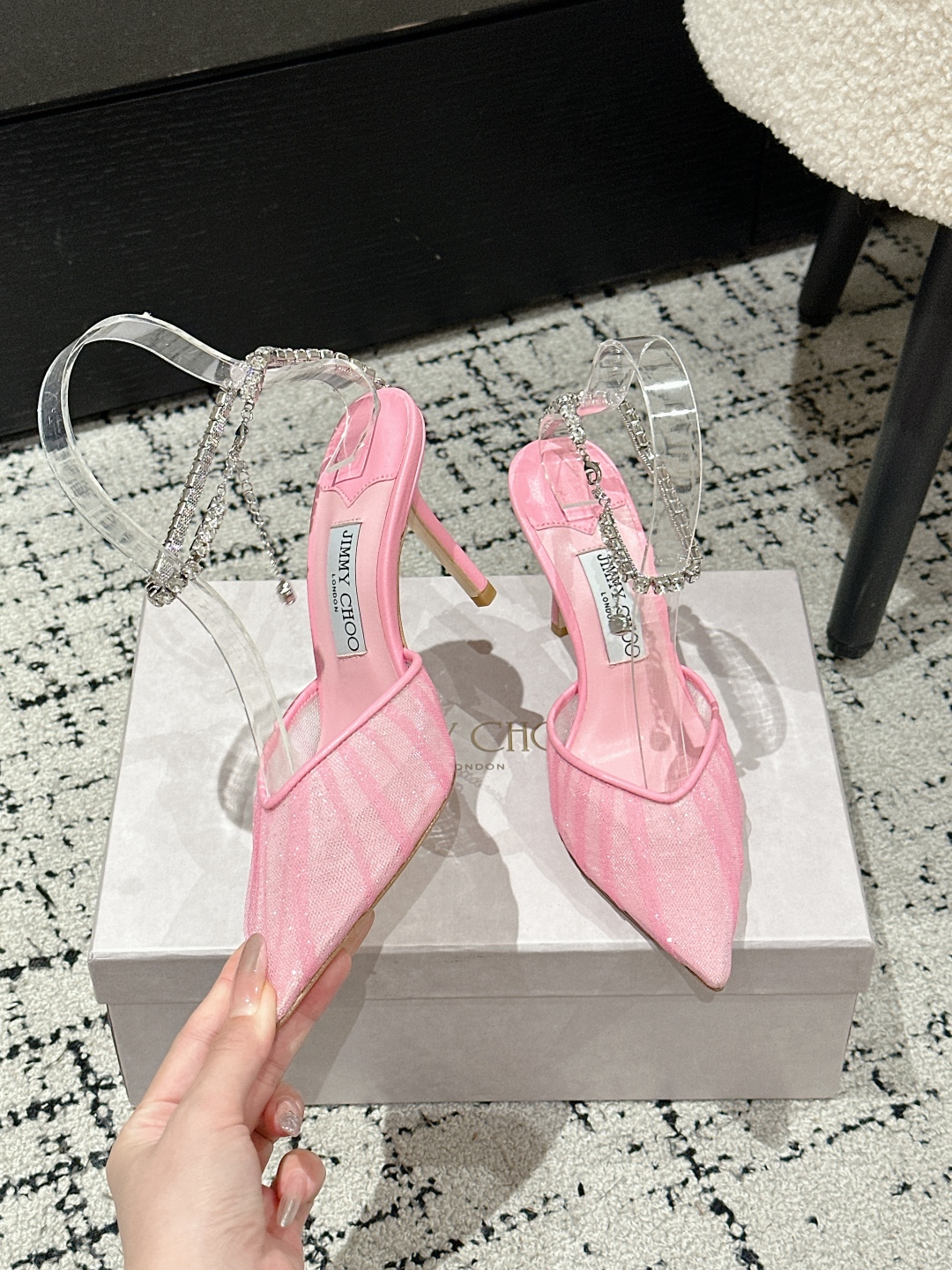 Jimmy Choo Premium Crystal Chain Lace Mesh Pumps